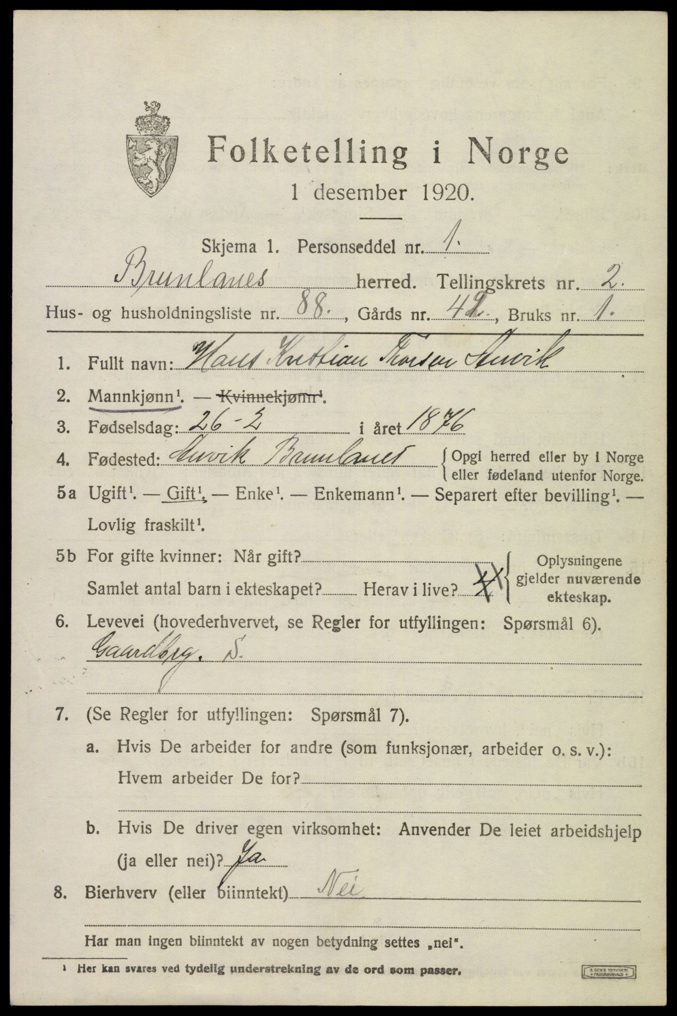 SAKO, 1920 census for Brunlanes, 1920, p. 4479