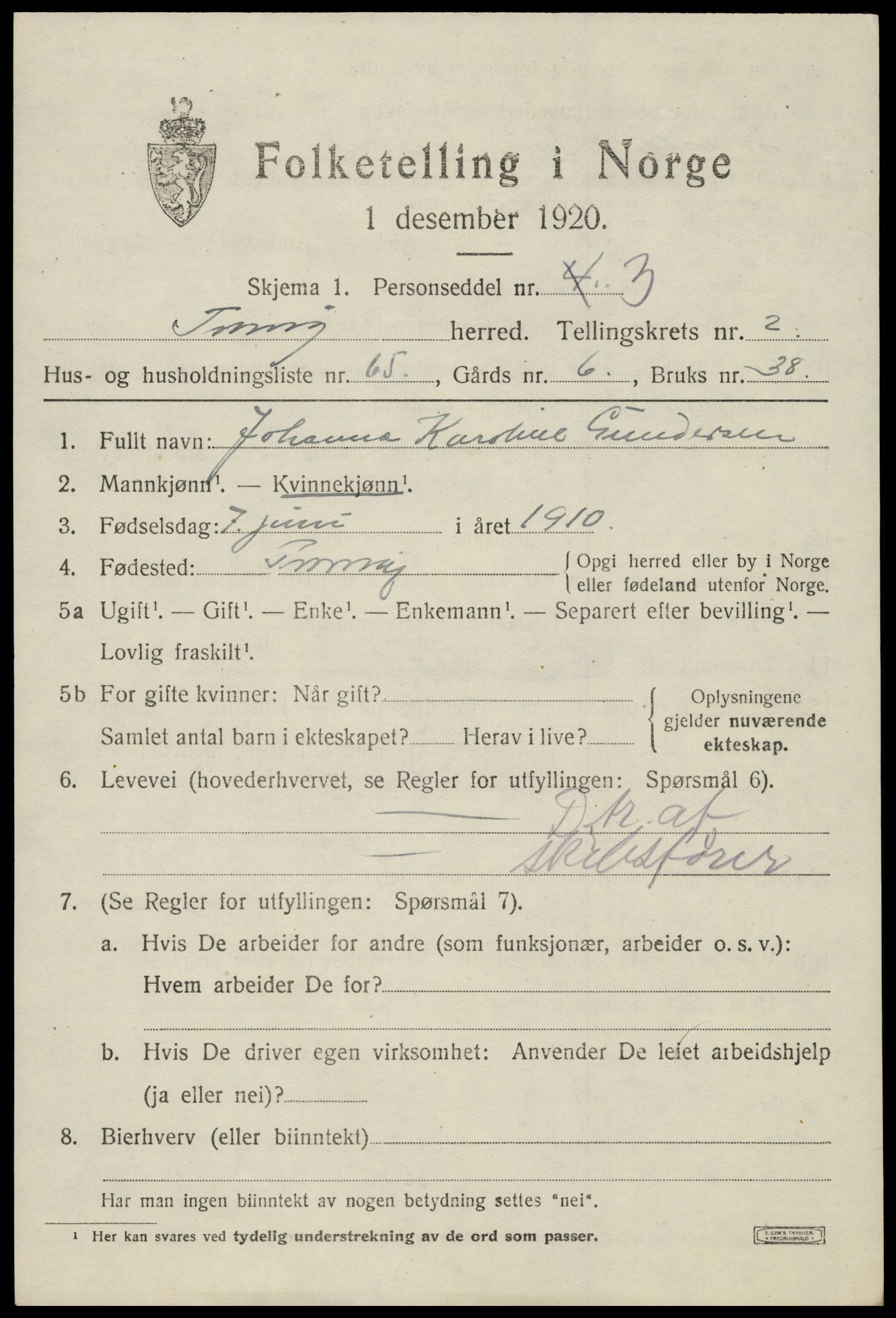 SAK, 1920 census for Tromøy, 1920, p. 1891