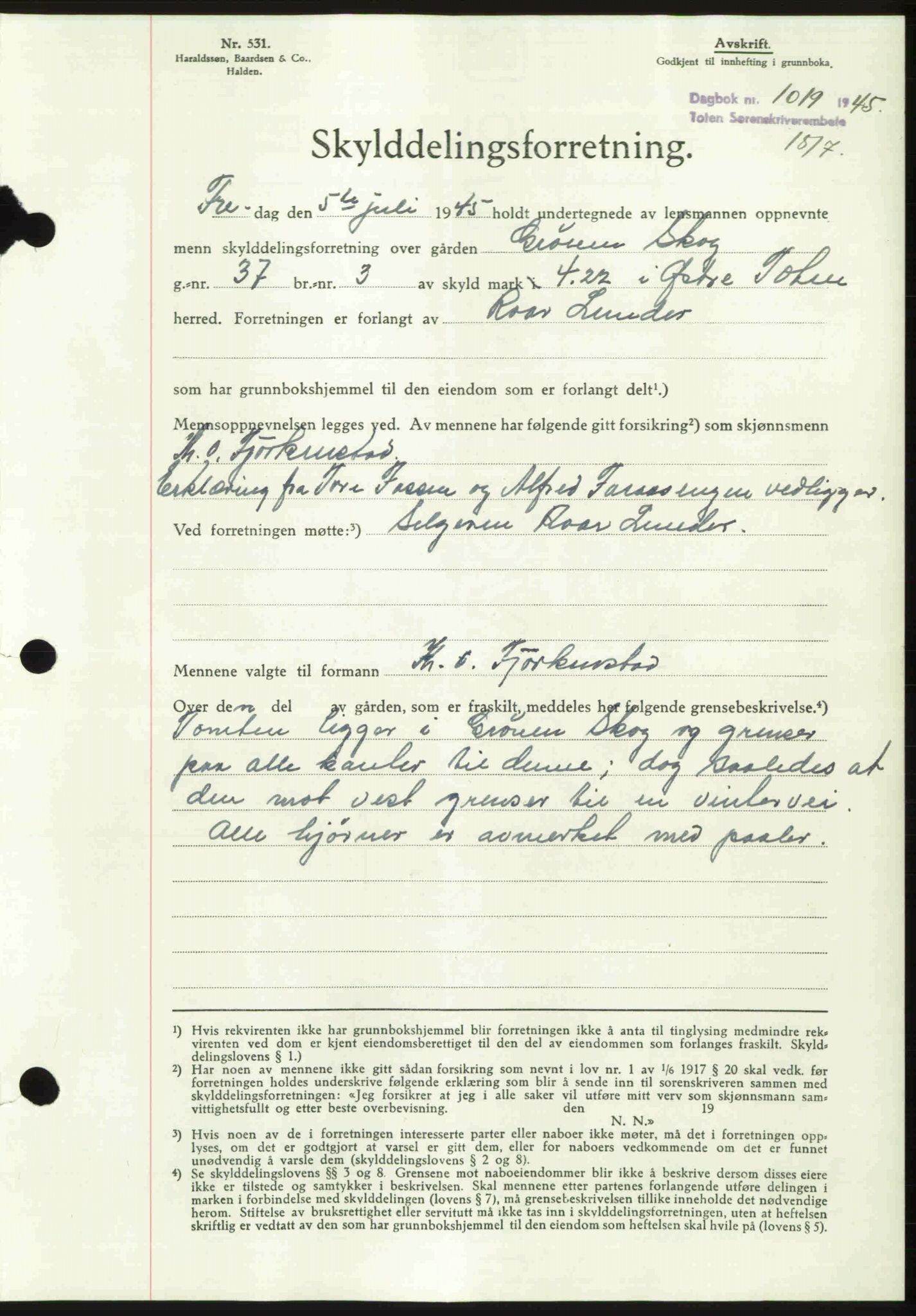 Toten tingrett, SAH/TING-006/H/Hb/Hbc/L0013: Mortgage book no. Hbc-13, 1945-1945, Diary no: : 1019/1945