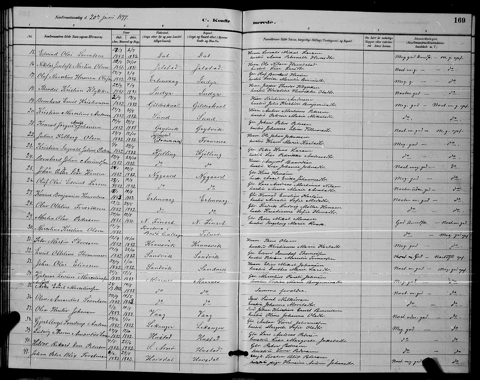 Ministerialprotokoller, klokkerbøker og fødselsregistre - Nordland, AV/SAT-A-1459/805/L0108: Parish register (copy) no. 805C04, 1885-1899, p. 169