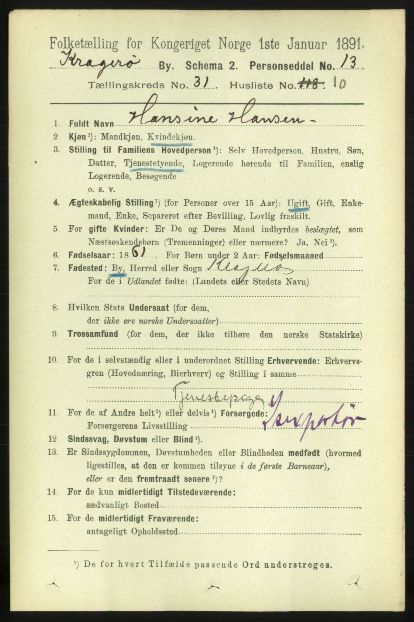 RA, 1891 census for 0801 Kragerø, 1891, p. 5778