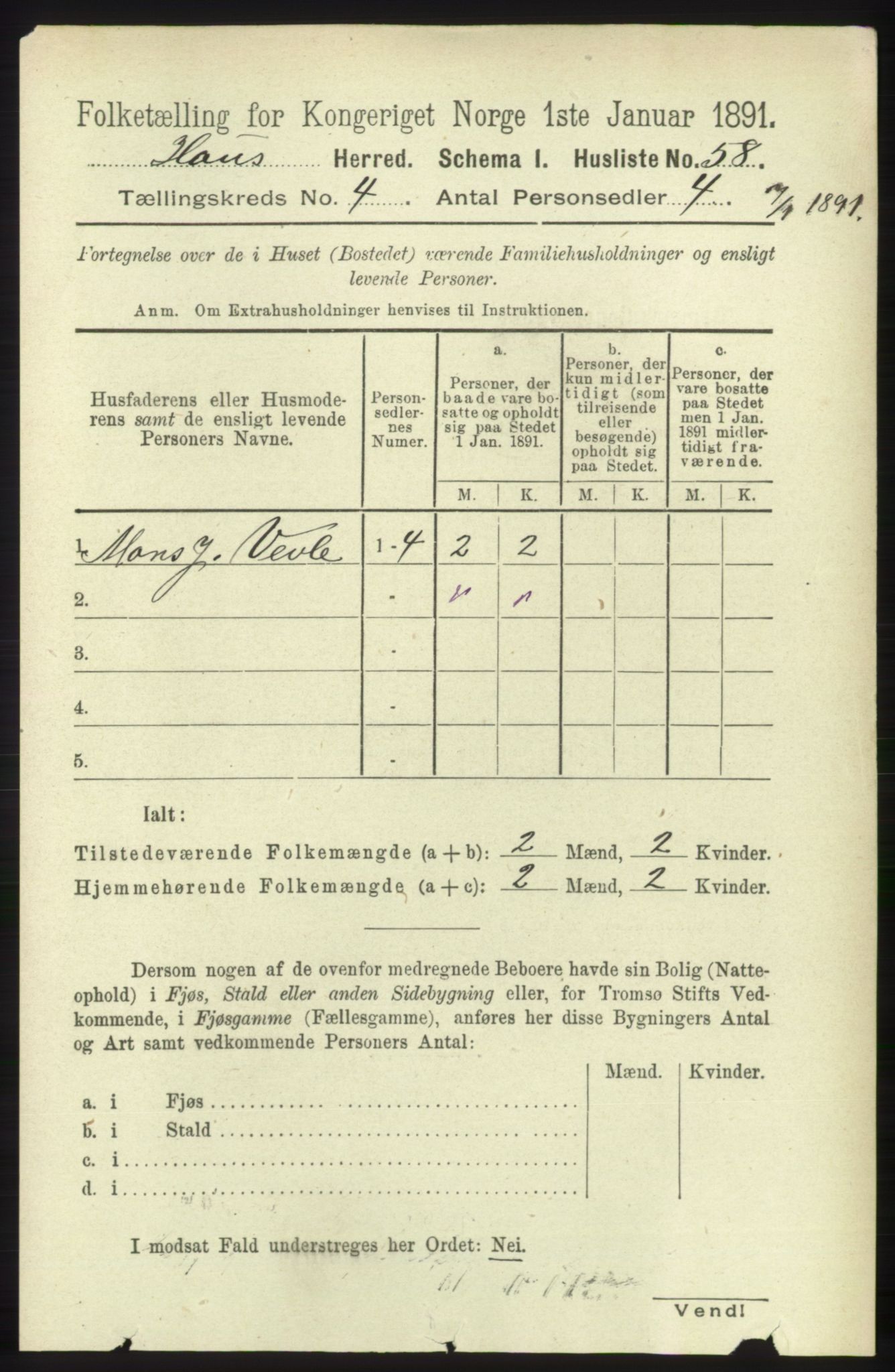 RA, 1891 census for 1250 Haus, 1891, p. 1399