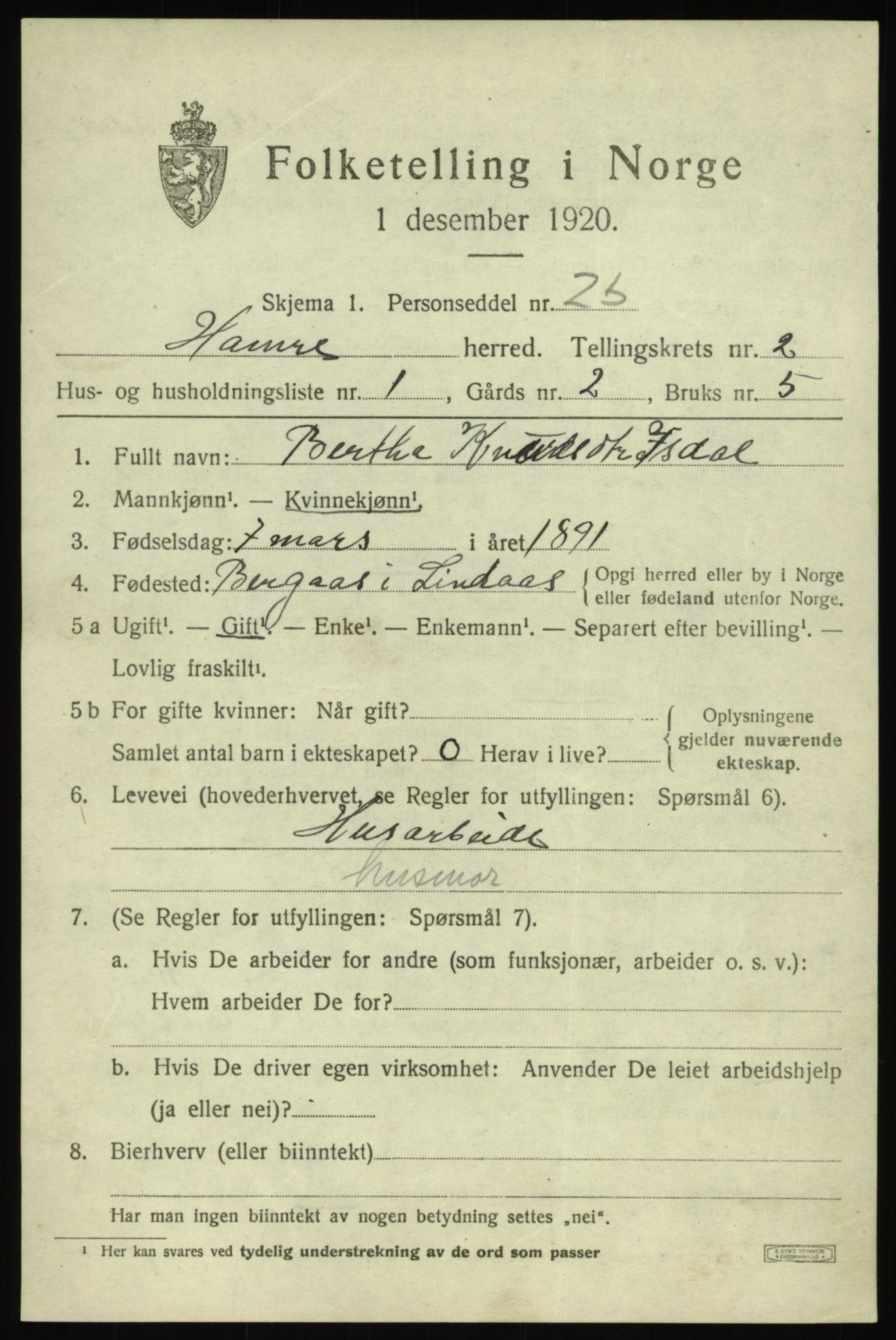 SAB, 1920 census for Hamre, 1920, p. 1265