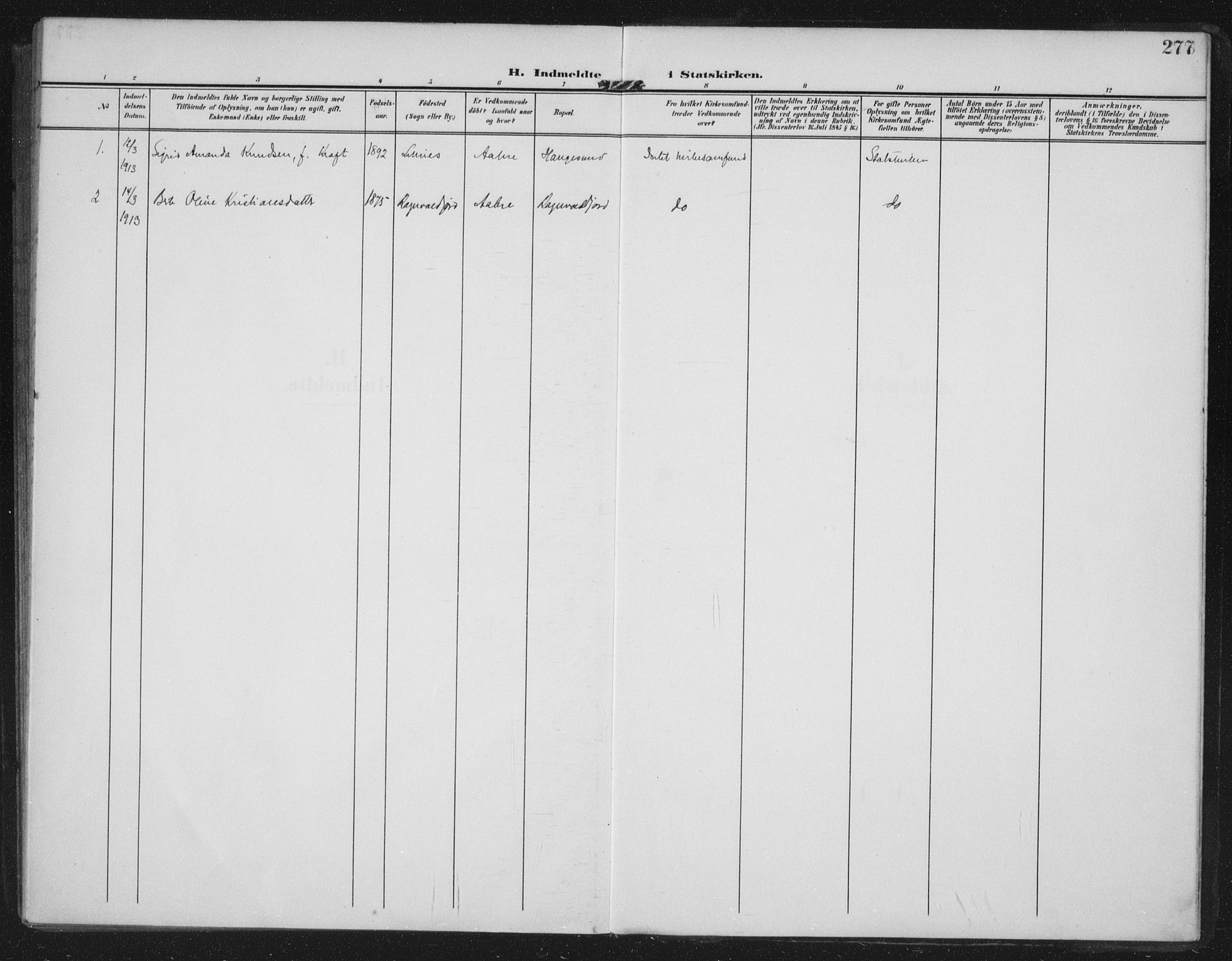 Kopervik sokneprestkontor, AV/SAST-A-101850/H/Ha/Haa/L0005: Parish register (official) no. A 5, 1906-1924, p. 277