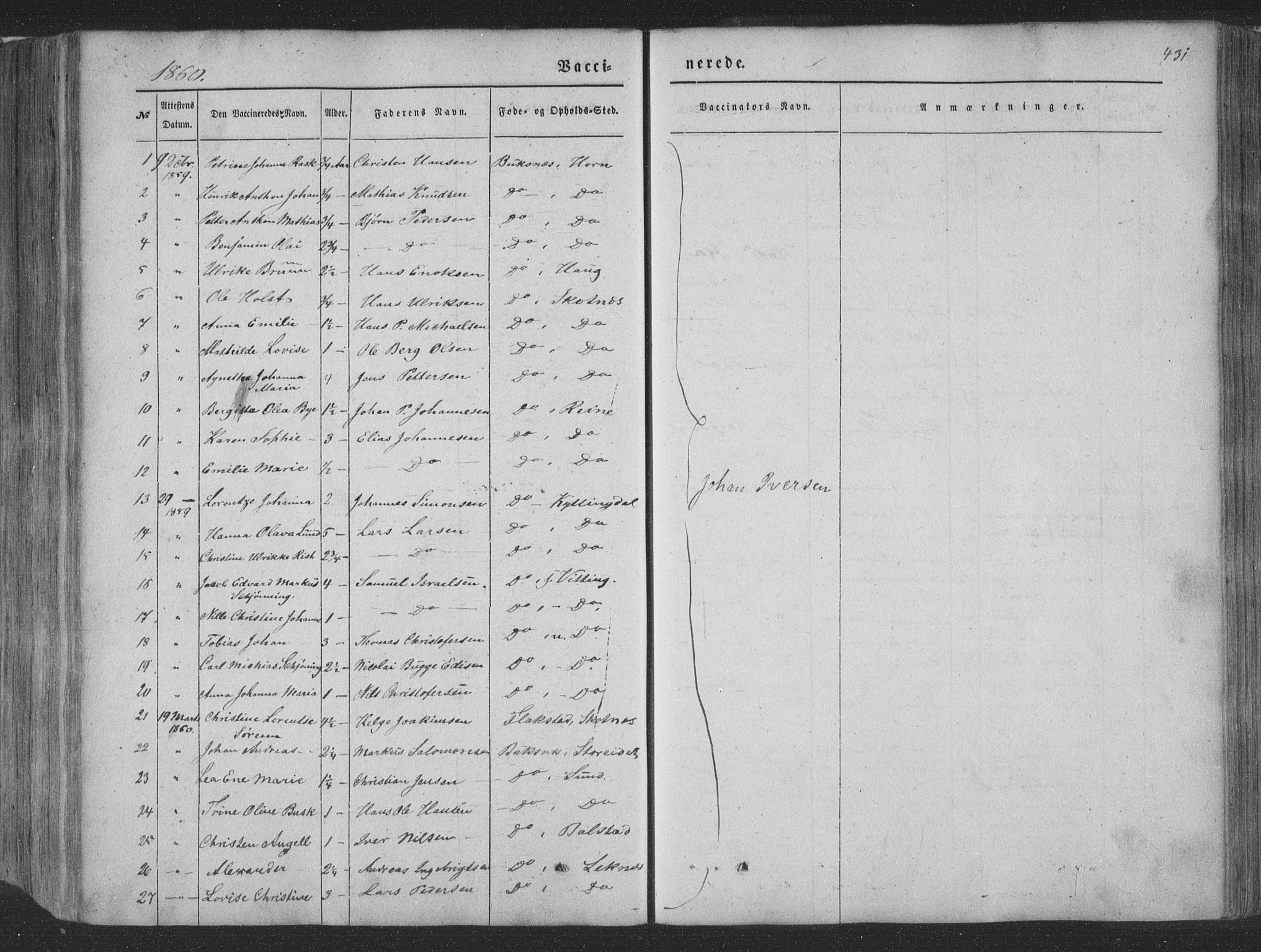 Ministerialprotokoller, klokkerbøker og fødselsregistre - Nordland, AV/SAT-A-1459/881/L1165: Parish register (copy) no. 881C02, 1854-1876, p. 431