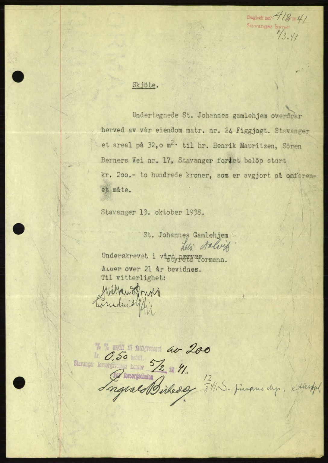 Stavanger byrett, AV/SAST-A-100455/002/G/Gb/L0016: Mortgage book no. A6, 1940-1941, Diary no: : 418/1941