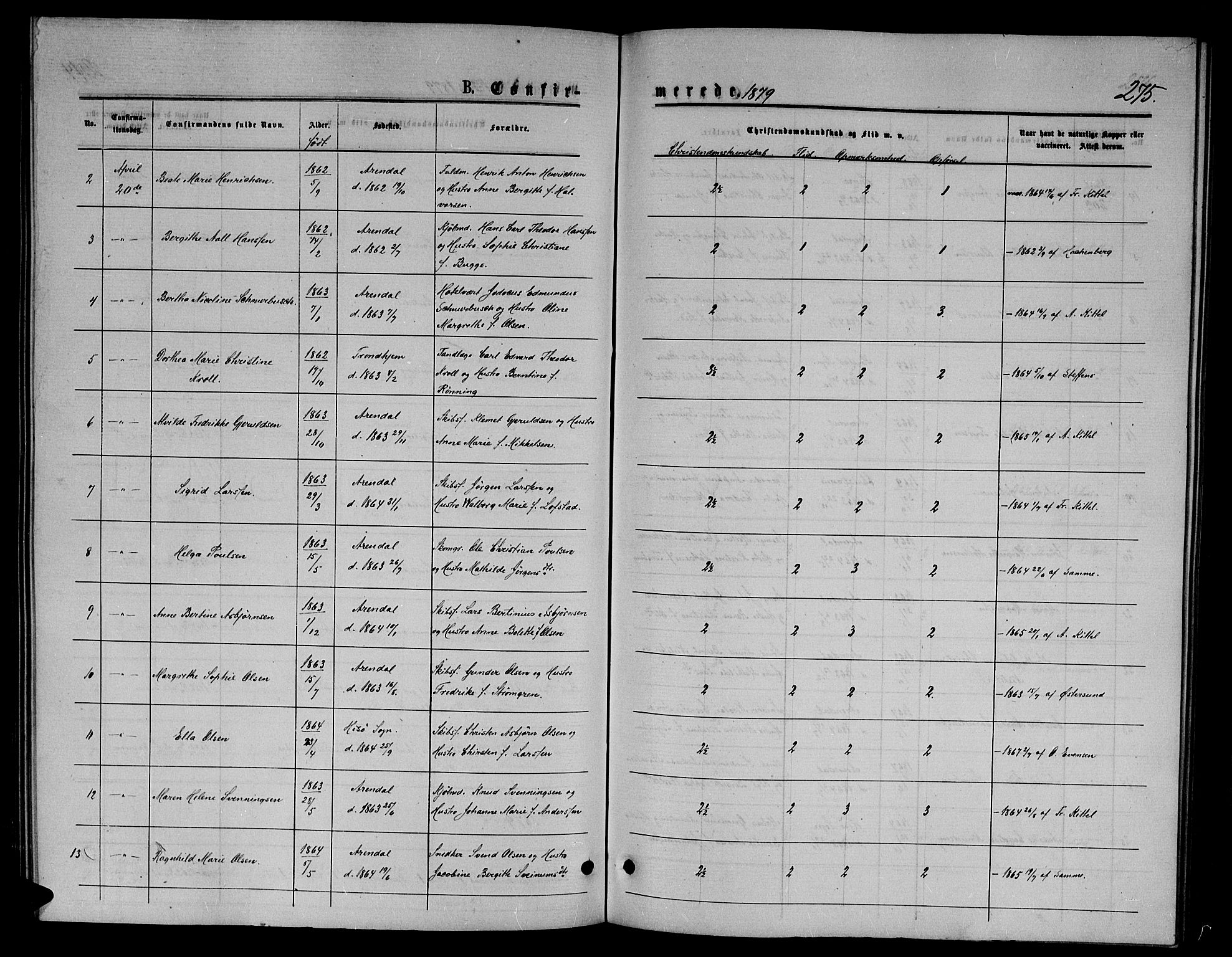 Arendal sokneprestkontor, Trefoldighet, AV/SAK-1111-0040/F/Fb/L0005: Parish register (copy) no. B 5, 1874-1888, p. 275