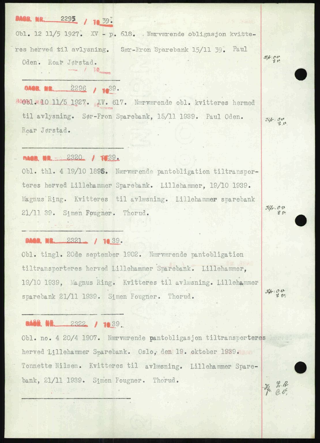 Sør-Gudbrandsdal tingrett, SAH/TING-004/H/Hb/Hbf/L0002: Mortgage book no. C1, 1938-1951, Diary no: : 2295/1939