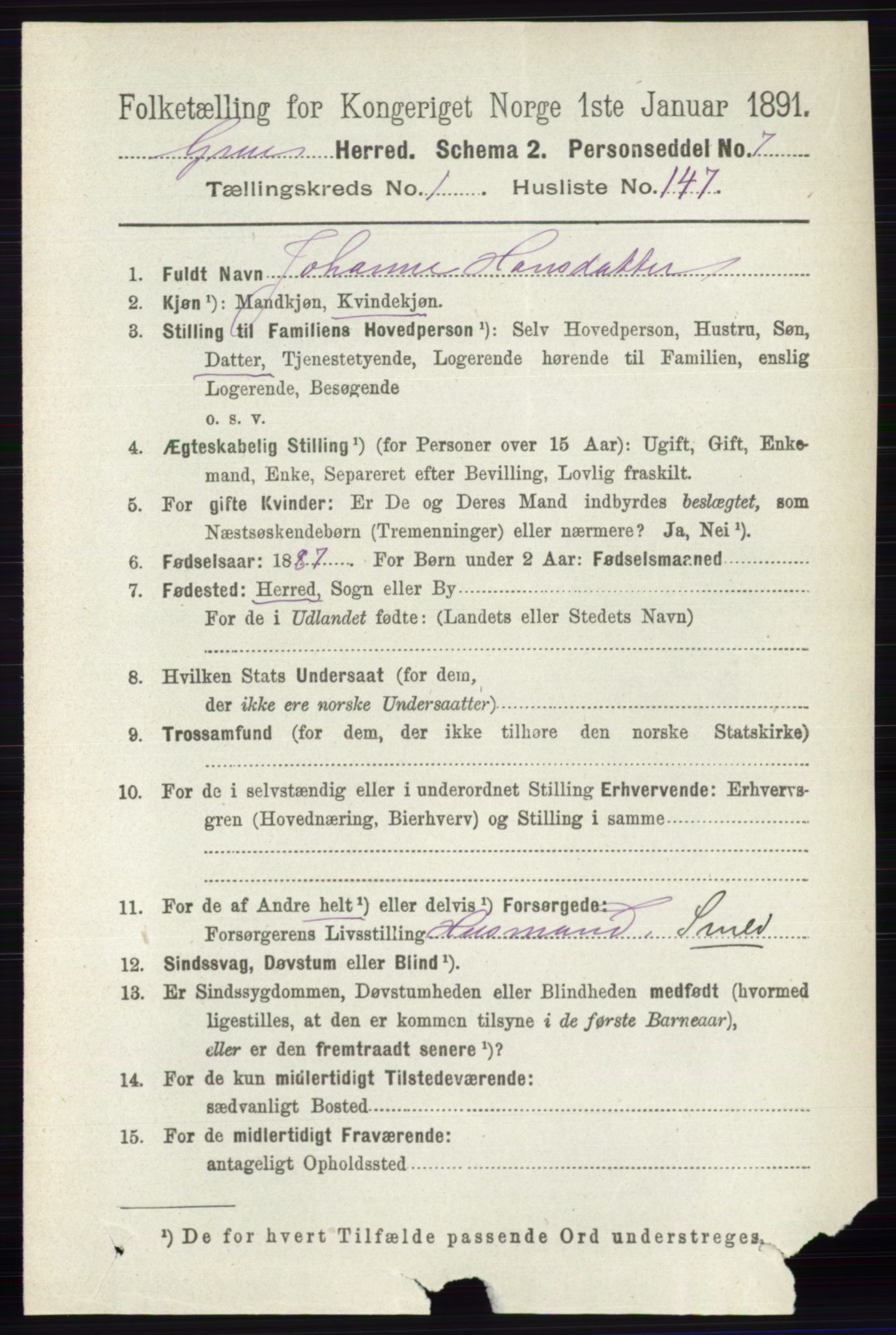 RA, 1891 census for 0423 Grue, 1891, p. 1001