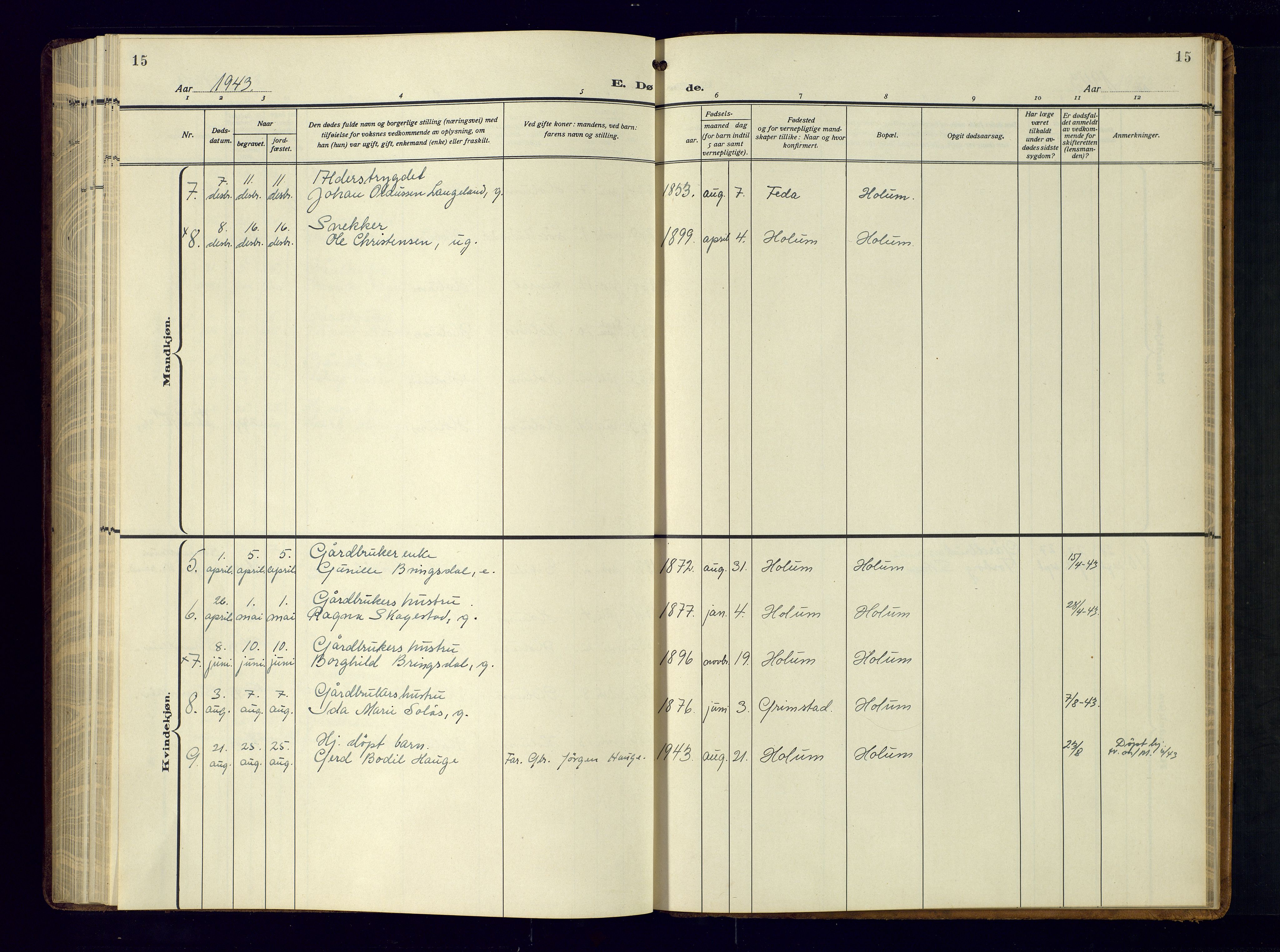 Holum sokneprestkontor, AV/SAK-1111-0022/F/Fb/Fba/L0007: Parish register (copy) no. B-7, 1933-1960, p. 15