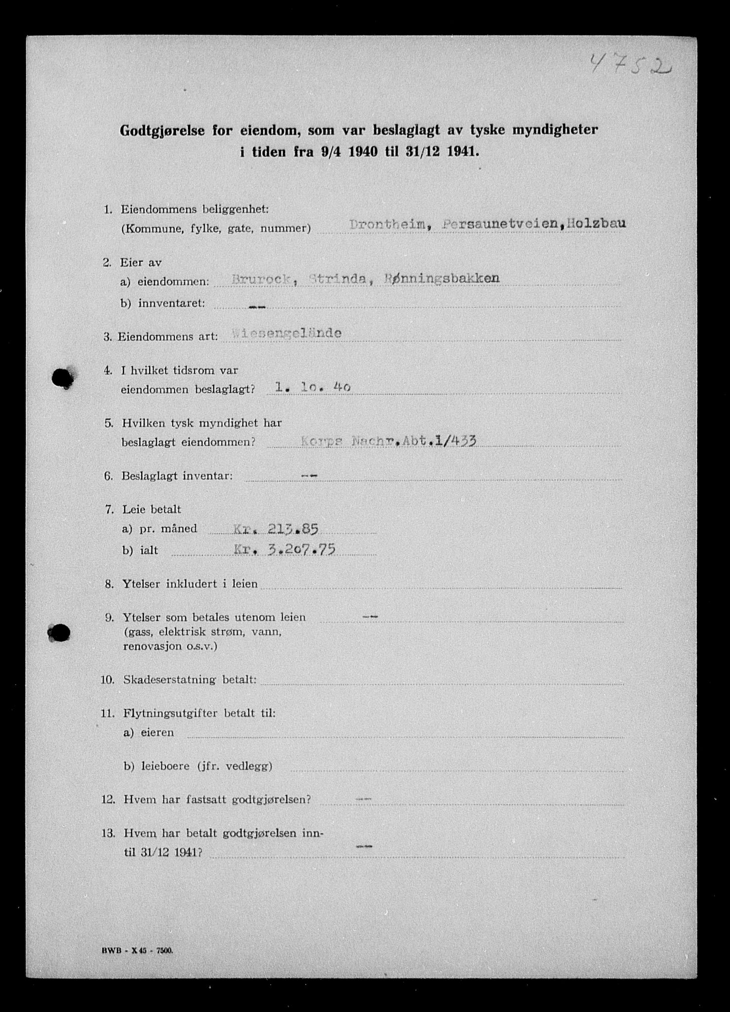 Justisdepartementet, Tilbakeføringskontoret for inndratte formuer, AV/RA-S-1564/I/L1018: Godtgjørelse for beslaglagt eiendom, 1940-1941, p. 10