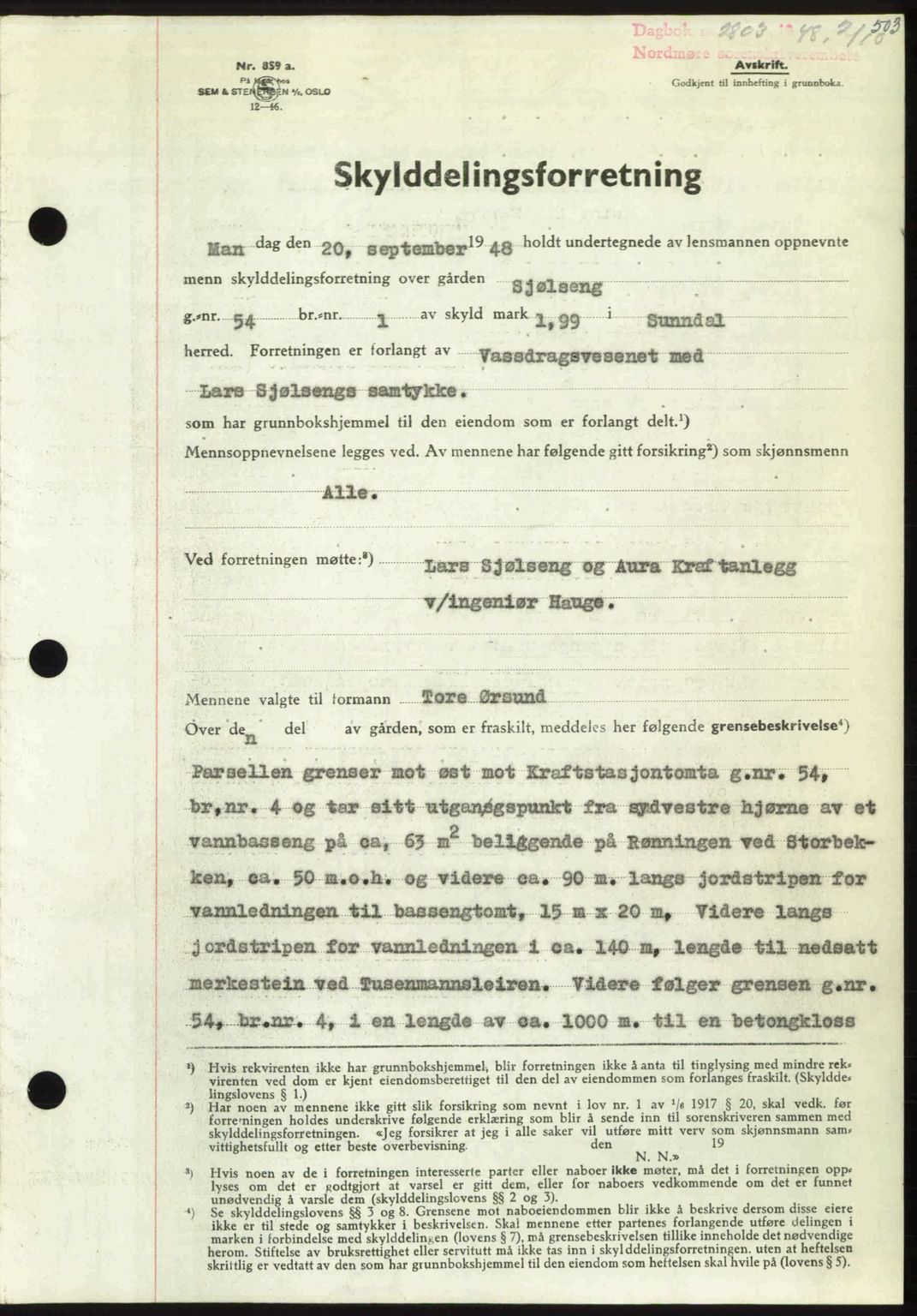 Nordmøre sorenskriveri, AV/SAT-A-4132/1/2/2Ca: Mortgage book no. A109, 1948-1948, Diary no: : 2803/1948