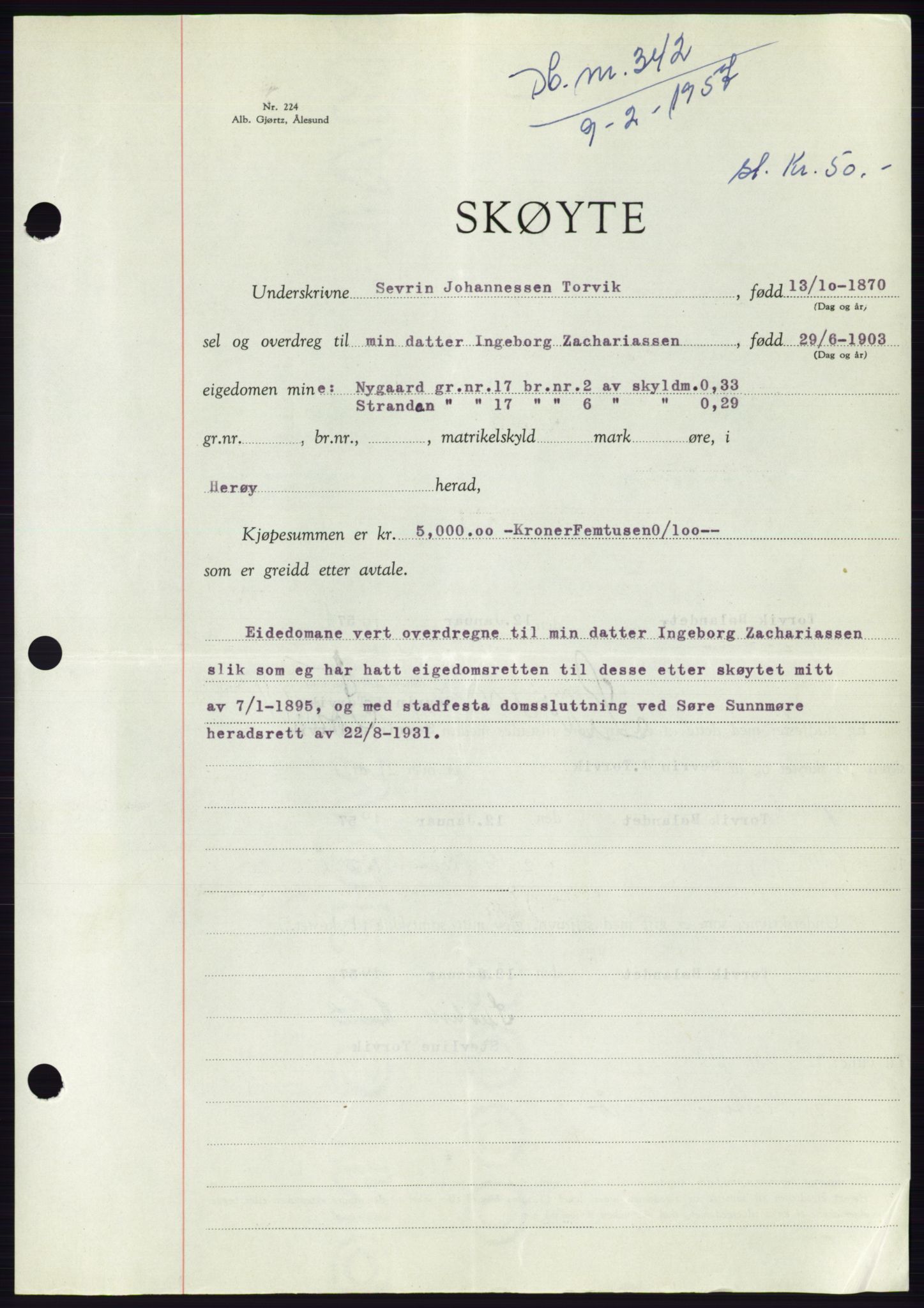 Søre Sunnmøre sorenskriveri, AV/SAT-A-4122/1/2/2C/L0105: Mortgage book no. 31A, 1956-1957, Diary no: : 342/1957