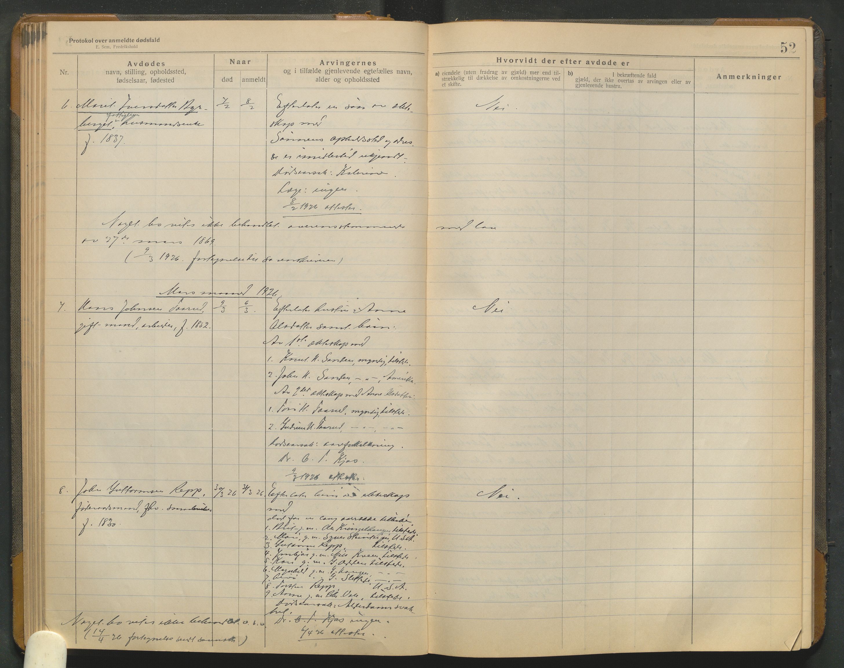 Lom lensmannskontor, AV/SAH-PGL-006/H/Ha/Haa/L0001/0004: Dødsfallsprotokoller / Dødsfallsprotokoll, 1922-1937, p. 52