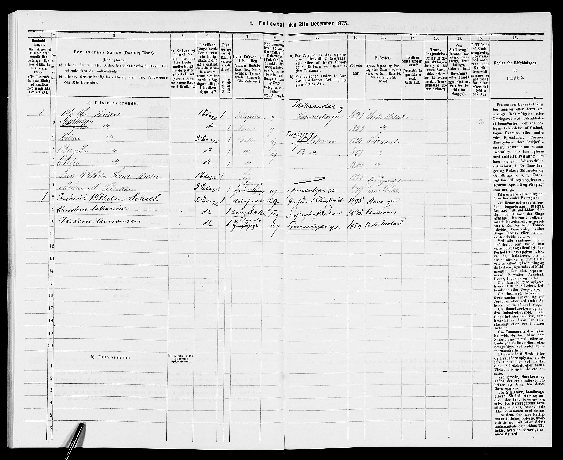 SAK, 1875 census for 0905B Vestre Moland/Lillesand, 1875, p. 199