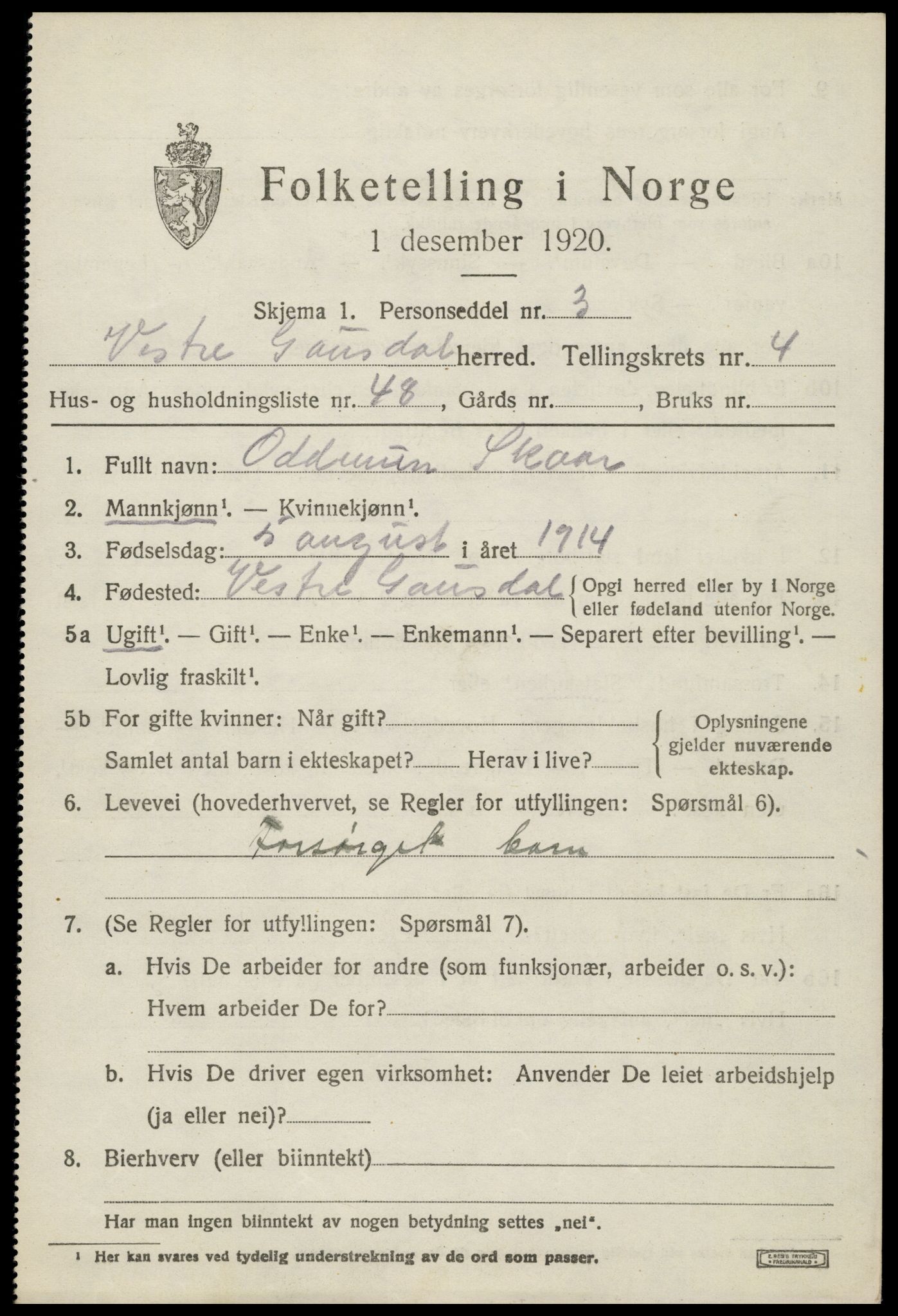 SAH, 1920 census for Vestre Gausdal, 1920, p. 3675