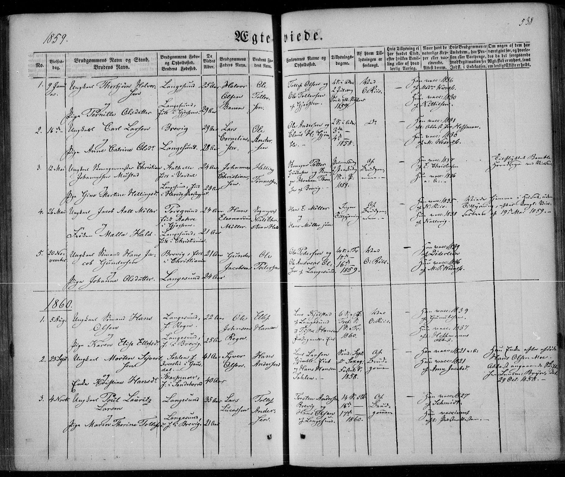 Bamble kirkebøker, SAKO/A-253/F/Fa/L0005: Parish register (official) no. I 5, 1854-1869, p. 538