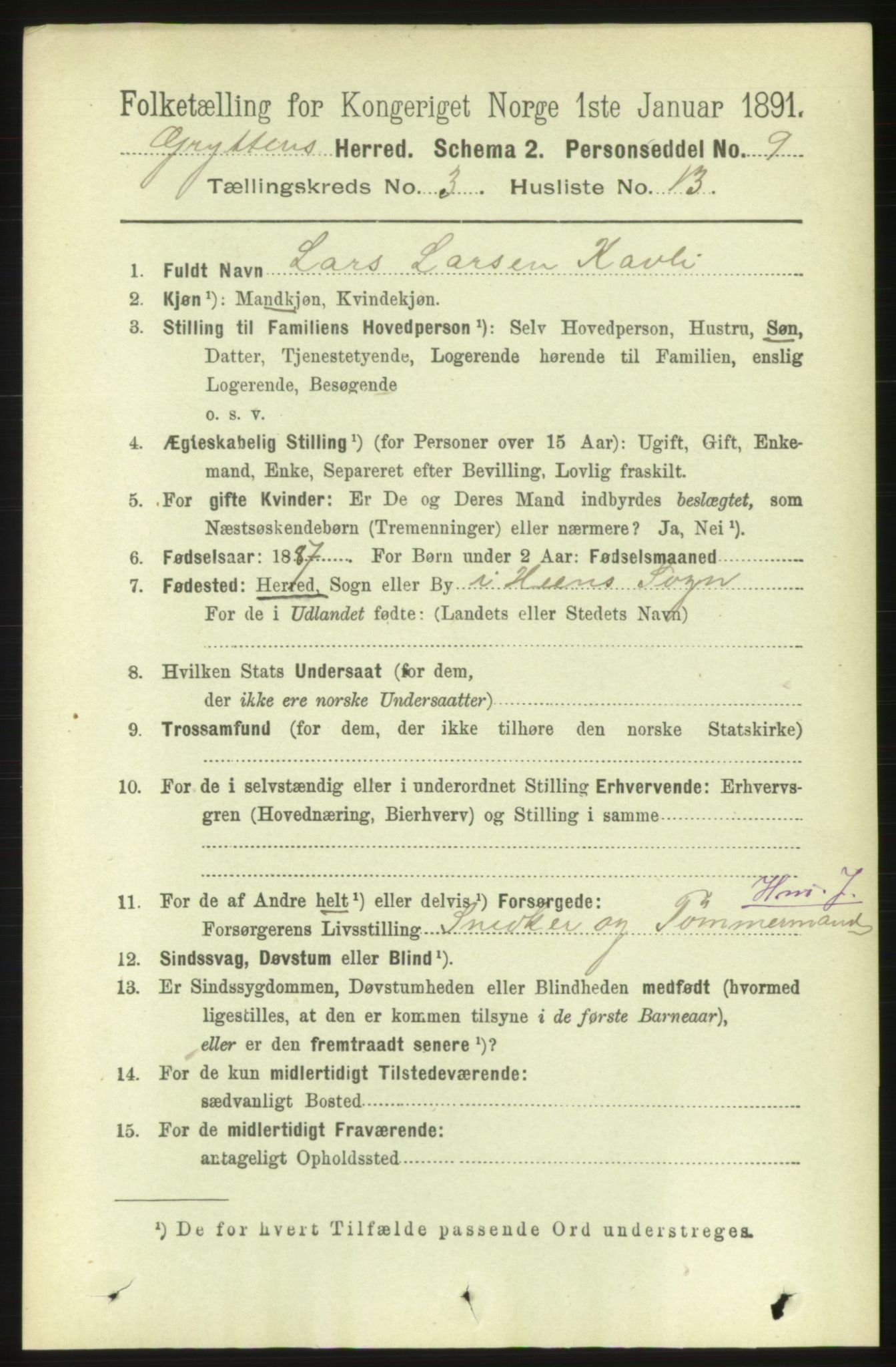 RA, 1891 census for 1539 Grytten, 1891, p. 1007