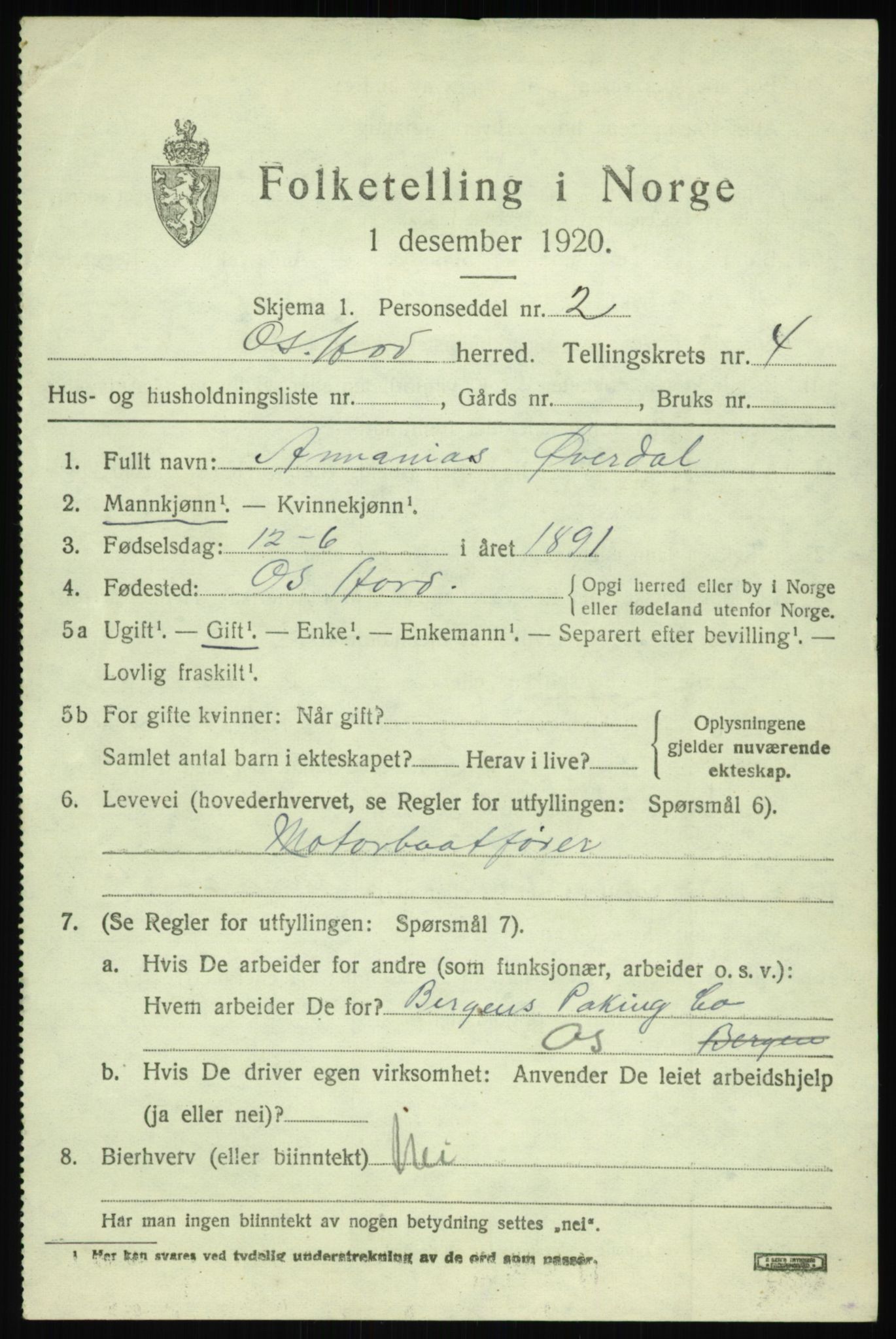 SAB, 1920 census for Os, 1920, p. 3664