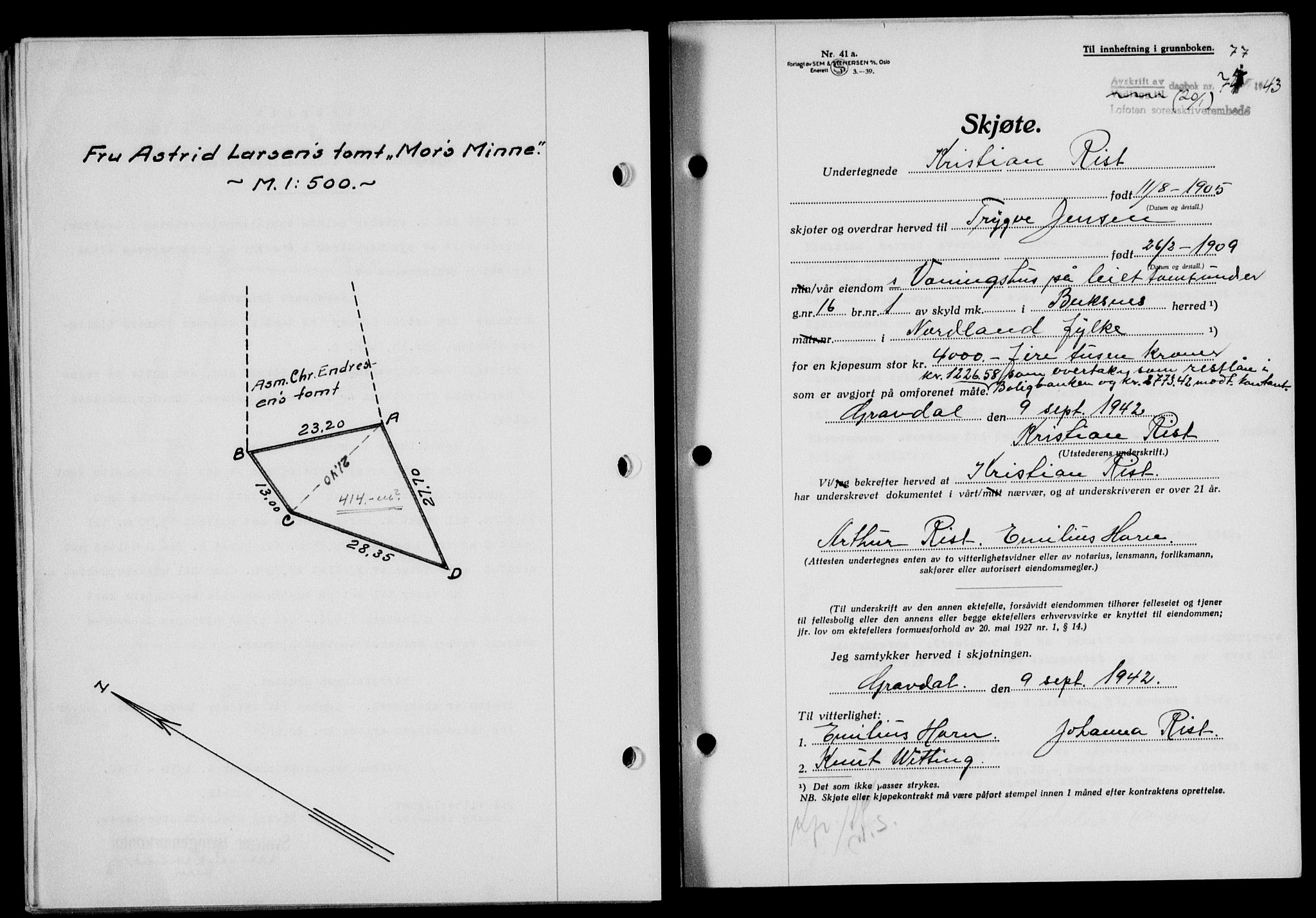 Lofoten sorenskriveri, SAT/A-0017/1/2/2C/L0010a: Mortgage book no. 10a, 1942-1943, Diary no: : 77/1943