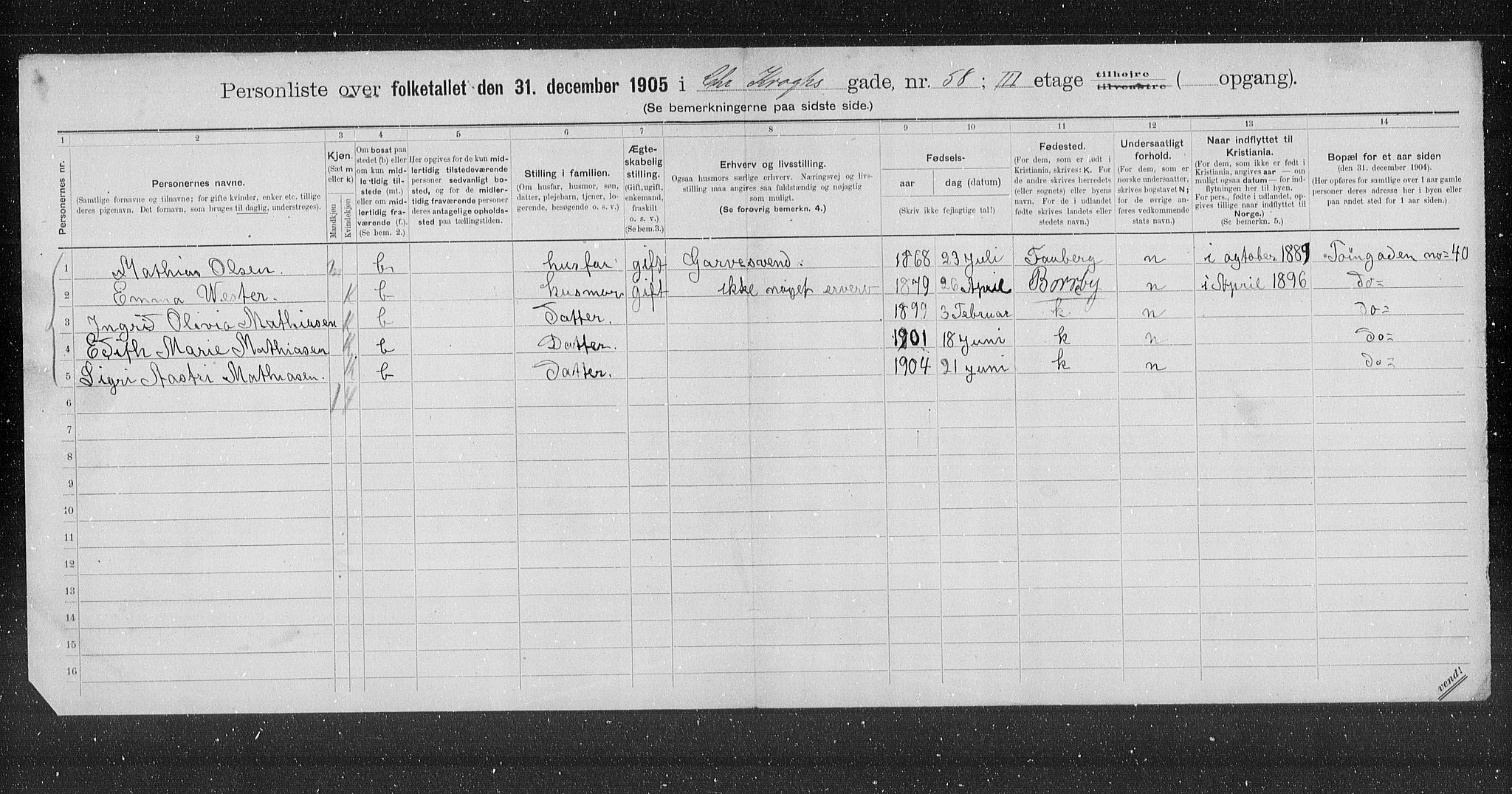 OBA, Municipal Census 1905 for Kristiania, 1905, p. 6504