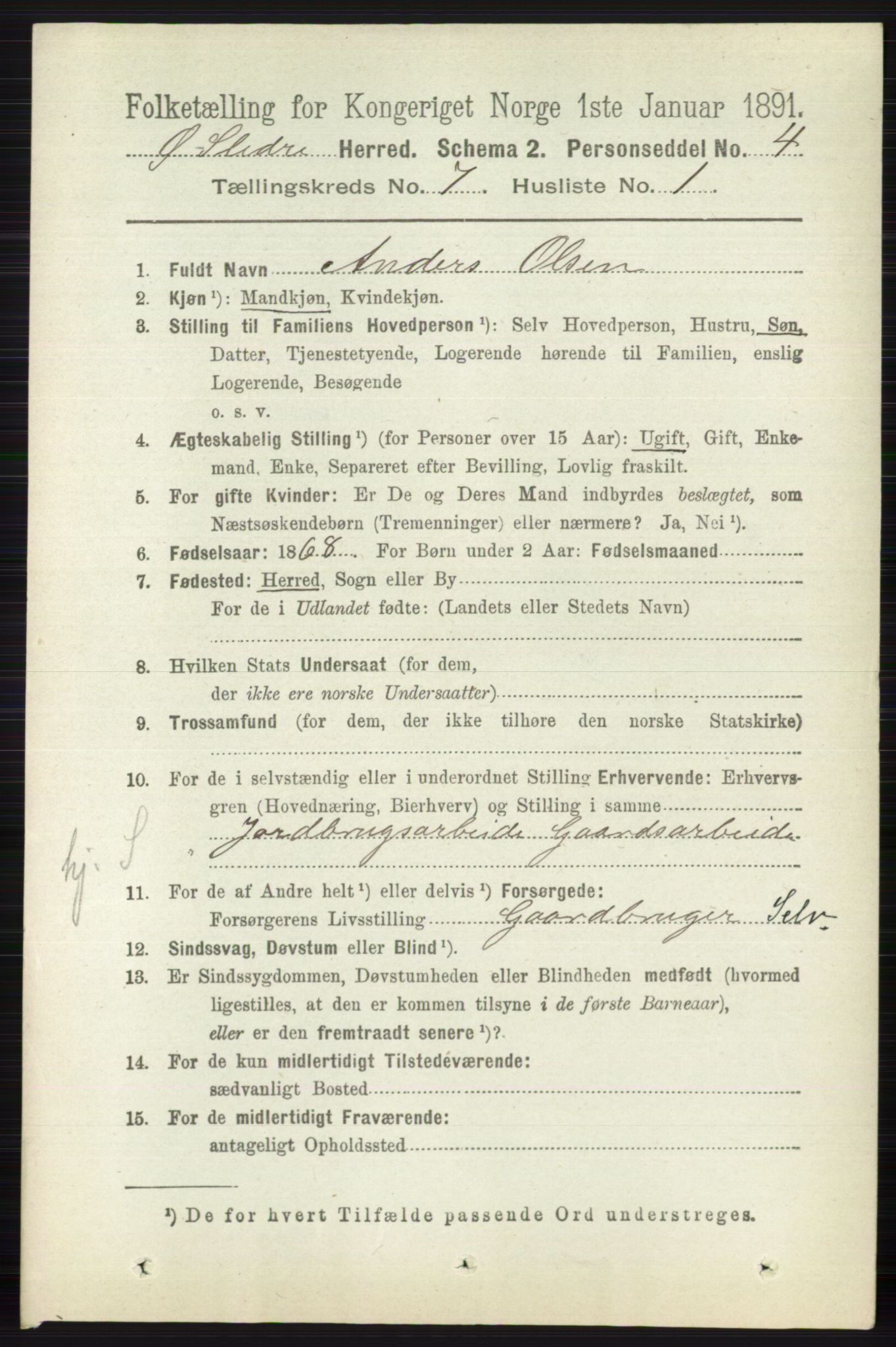 RA, 1891 census for 0544 Øystre Slidre, 1891, p. 2174