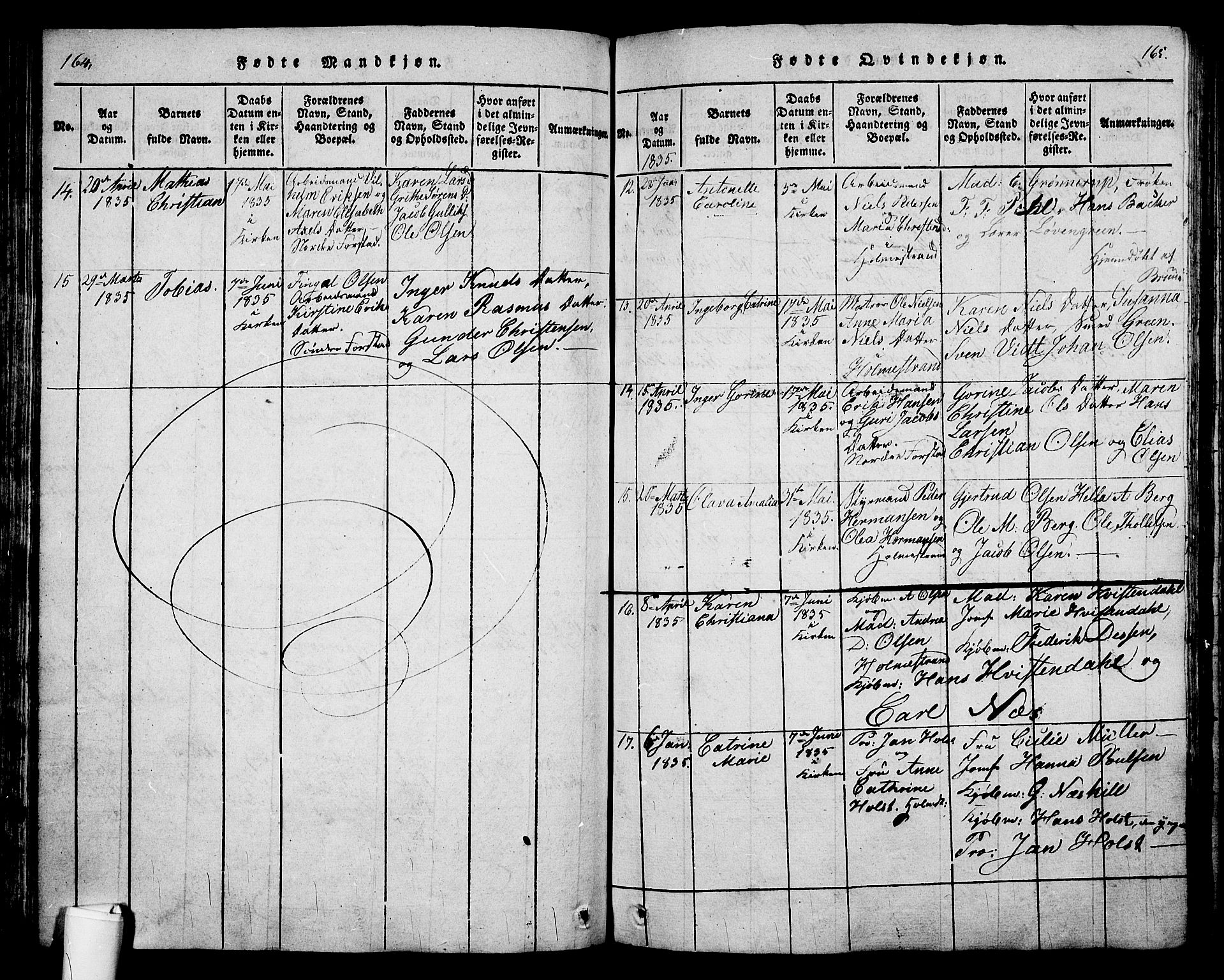 Holmestrand kirkebøker, AV/SAKO-A-346/G/Ga/L0001: Parish register (copy) no. 1, 1814-1848, p. 164-165