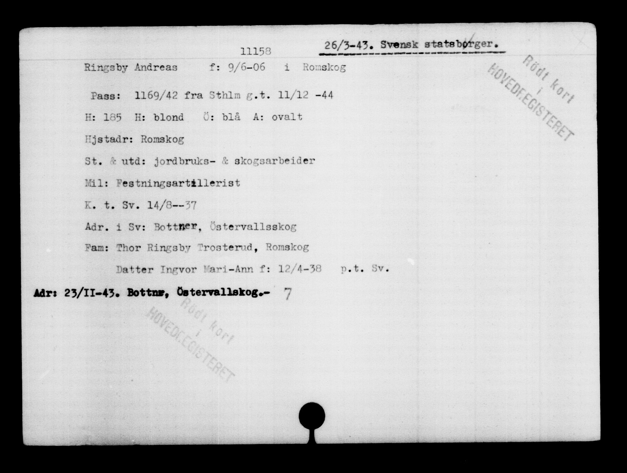Utenriksstasjonene, Legasjonen i Stockholm, Flyktningkontoret, AV/RA-S-6753/V/Va/L0006: Kjesäterkartoteket, flyktninger med registreringsnr. 9400-12711, 1940-1945, p. 1994