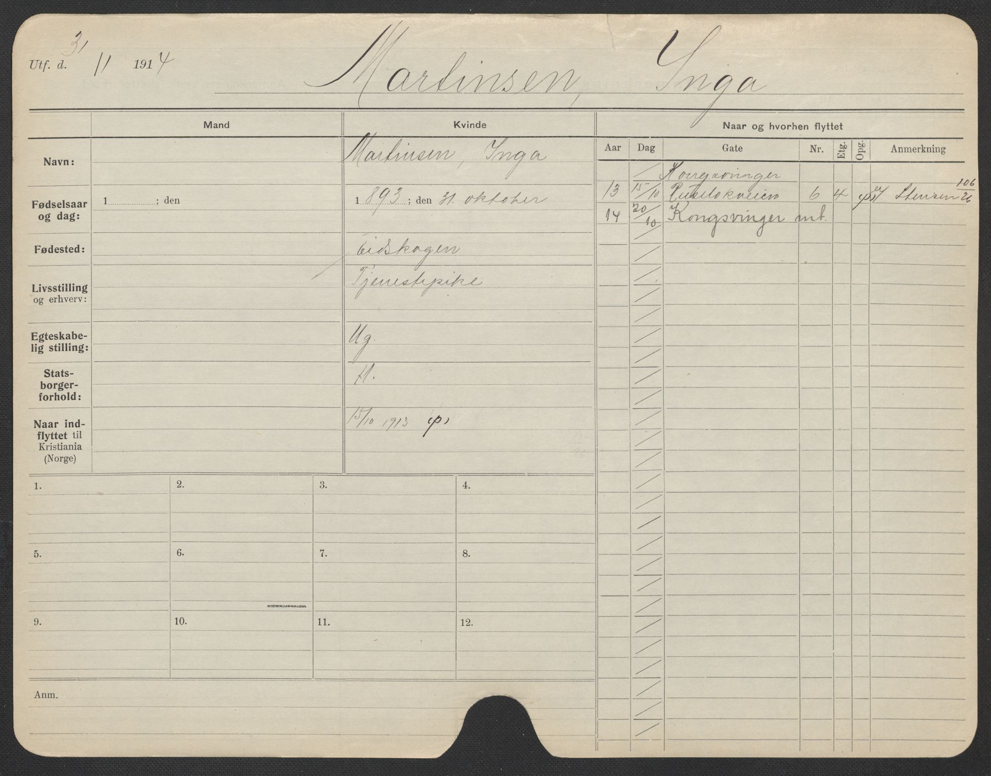 Oslo folkeregister, Registerkort, SAO/A-11715/F/Fa/Fac/L0020: Kvinner, 1906-1914, p. 626a