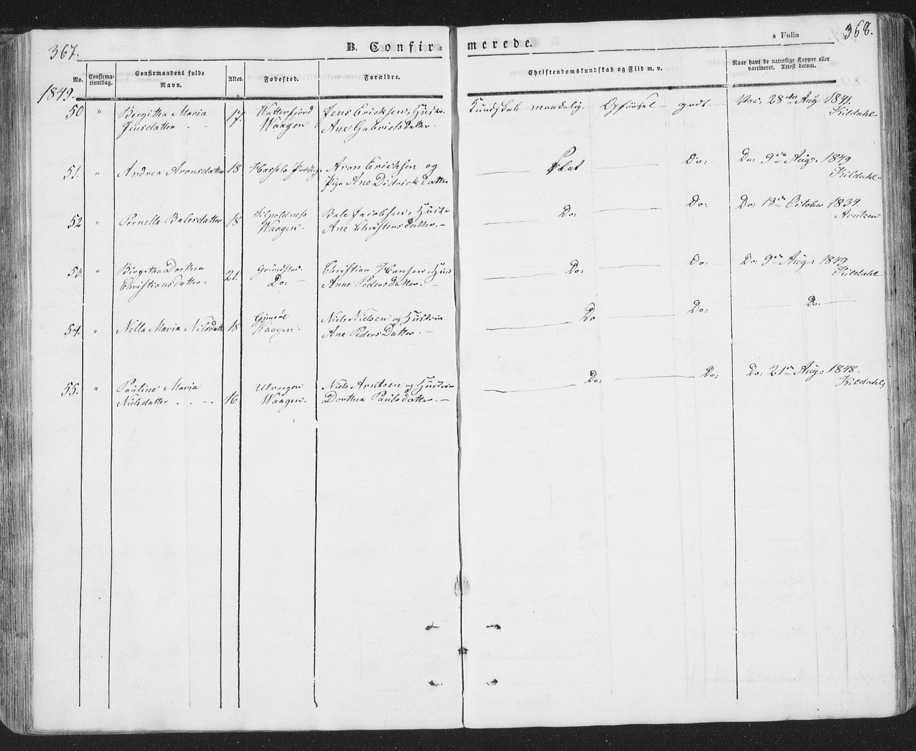 Ministerialprotokoller, klokkerbøker og fødselsregistre - Nordland, AV/SAT-A-1459/874/L1072: Parish register (copy) no. 874C01, 1843-1859, p. 367-368