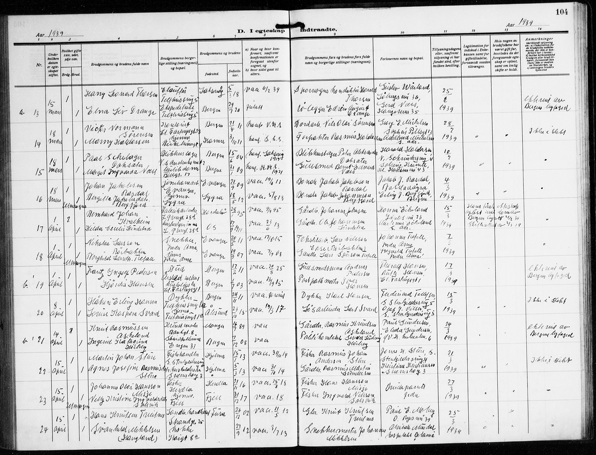 Korskirken sokneprestembete, AV/SAB-A-76101/H/Hab: Parish register (copy) no. D 5, 1926-1944, p. 104