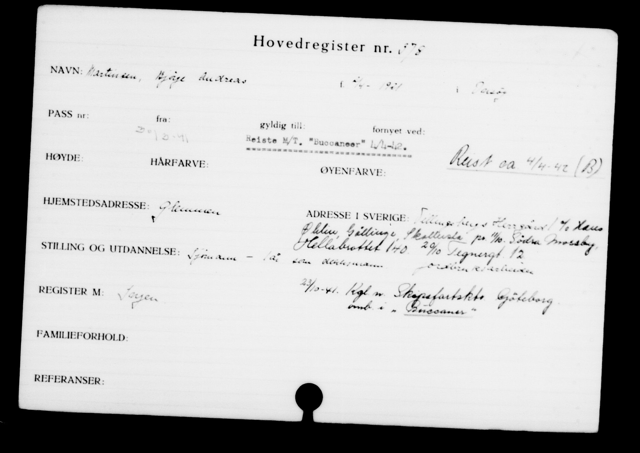 Utenriksstasjonene, Legasjonen i Stockholm, Flyktningkontoret, AV/RA-S-6753/V/Va/L0001: Kjesäterkartoteket, flyktninger med registreringsnr. 1-1000, 1940-1945, p. 596