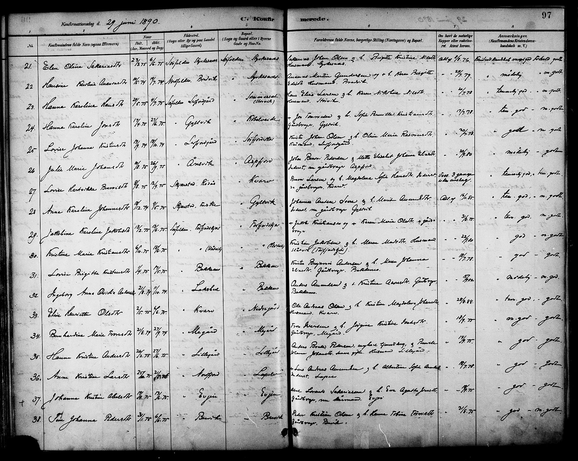 Ministerialprotokoller, klokkerbøker og fødselsregistre - Nordland, AV/SAT-A-1459/854/L0777: Parish register (official) no. 854A01 /1, 1883-1891, p. 97