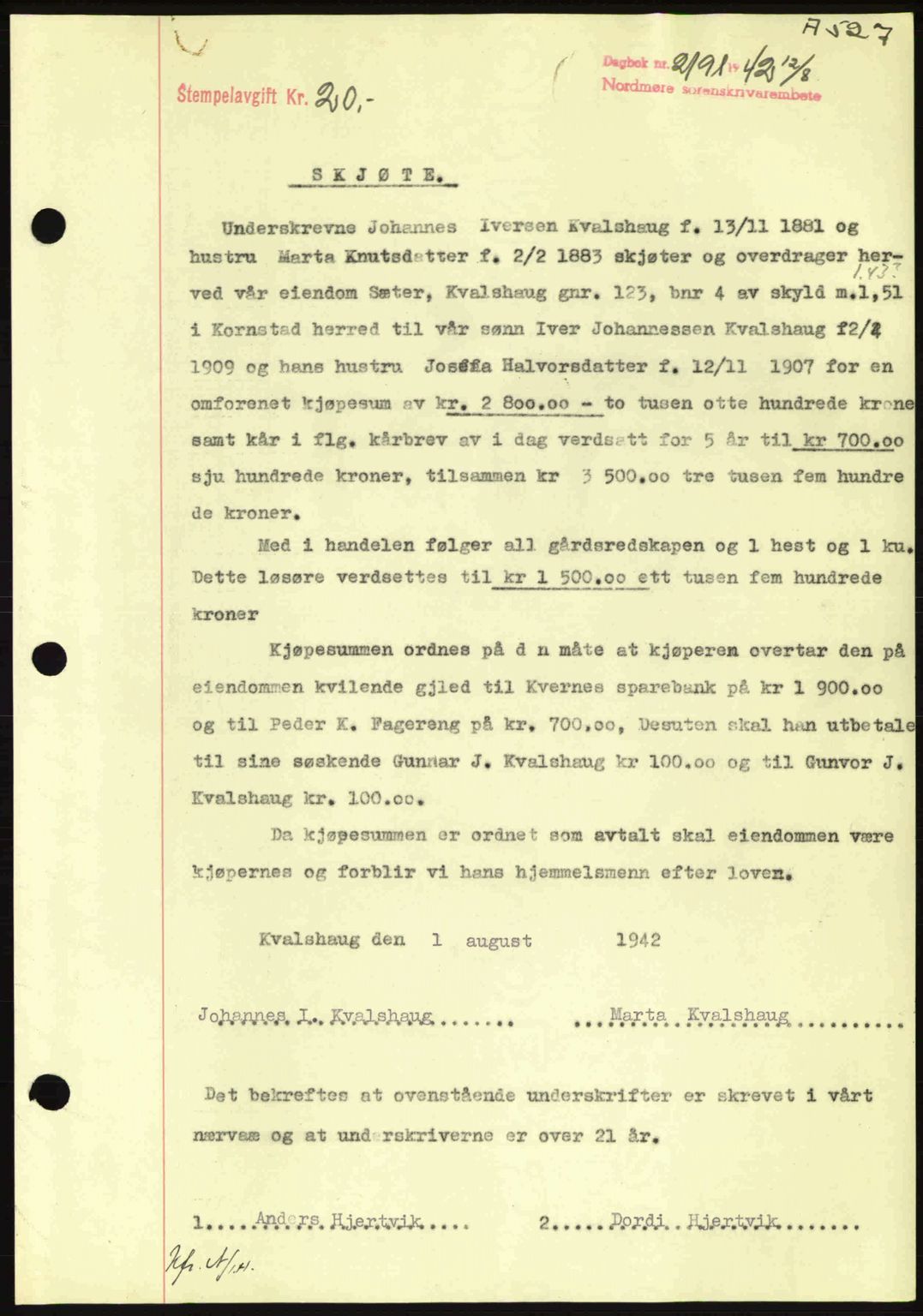 Nordmøre sorenskriveri, AV/SAT-A-4132/1/2/2Ca: Mortgage book no. A93, 1942-1942, Diary no: : 2191/1942