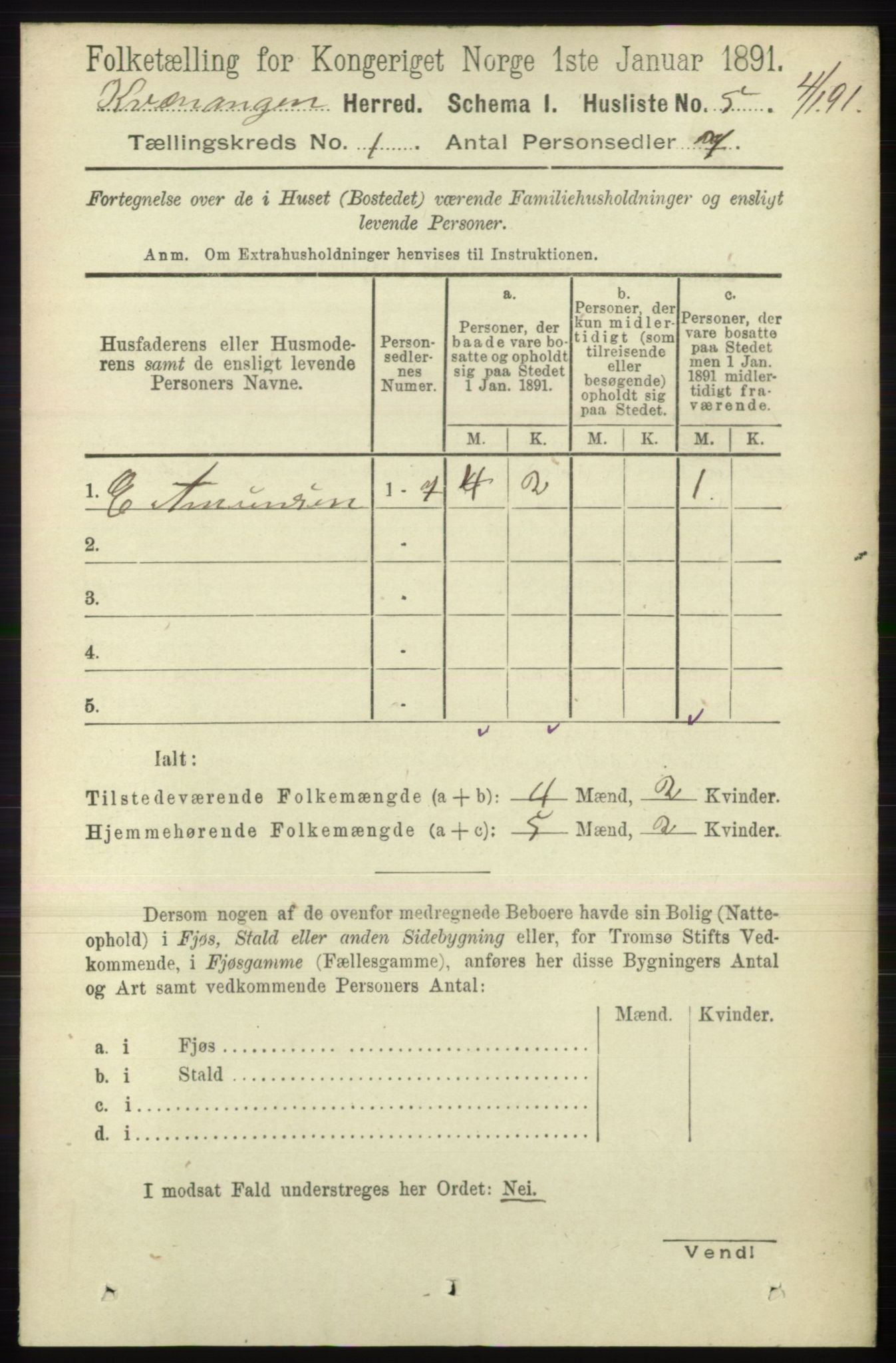 RA, 1891 census for 1943 Kvænangen, 1891, p. 18