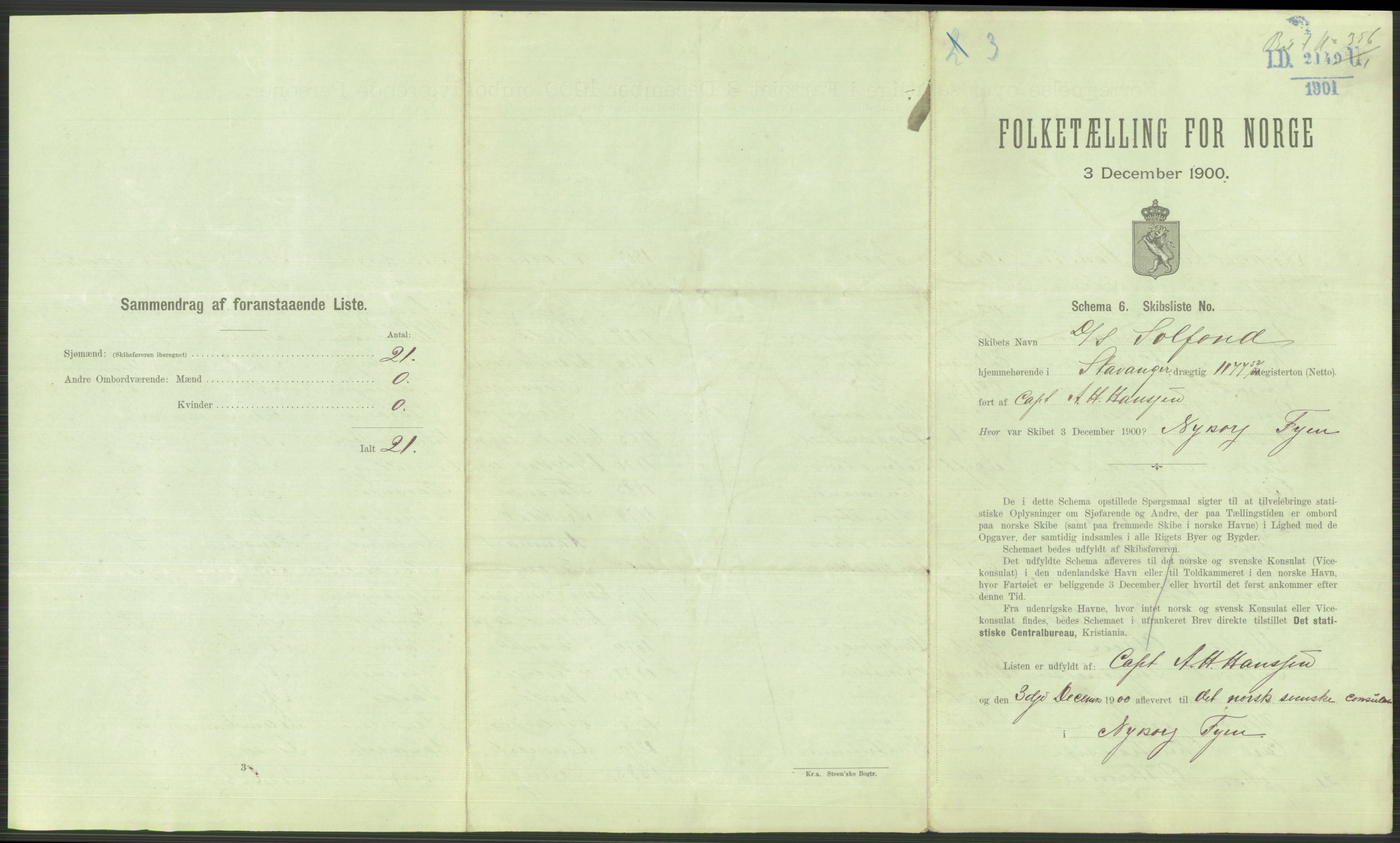 RA, 1900 Census - ship lists from ships in Norwegian harbours, harbours abroad and at sea, 1900, p. 3599