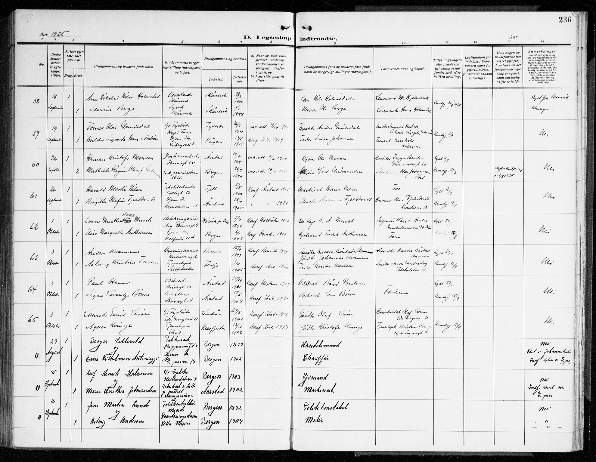 Årstad Sokneprestembete, AV/SAB-A-79301/H/Haa/L0004: Parish register (official) no. A 4, 1919-1928, p. 236