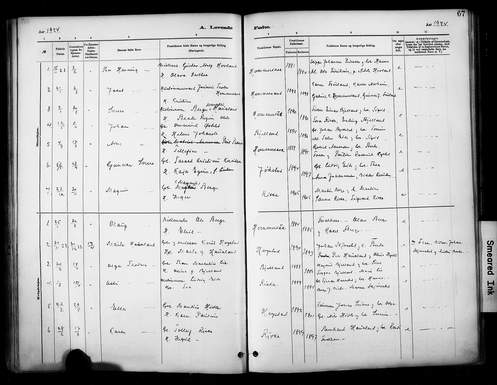 Hetland sokneprestkontor, AV/SAST-A-101826/30/30BA/L0010: Parish register (official) no. A 10, 1882-1925, p. 67