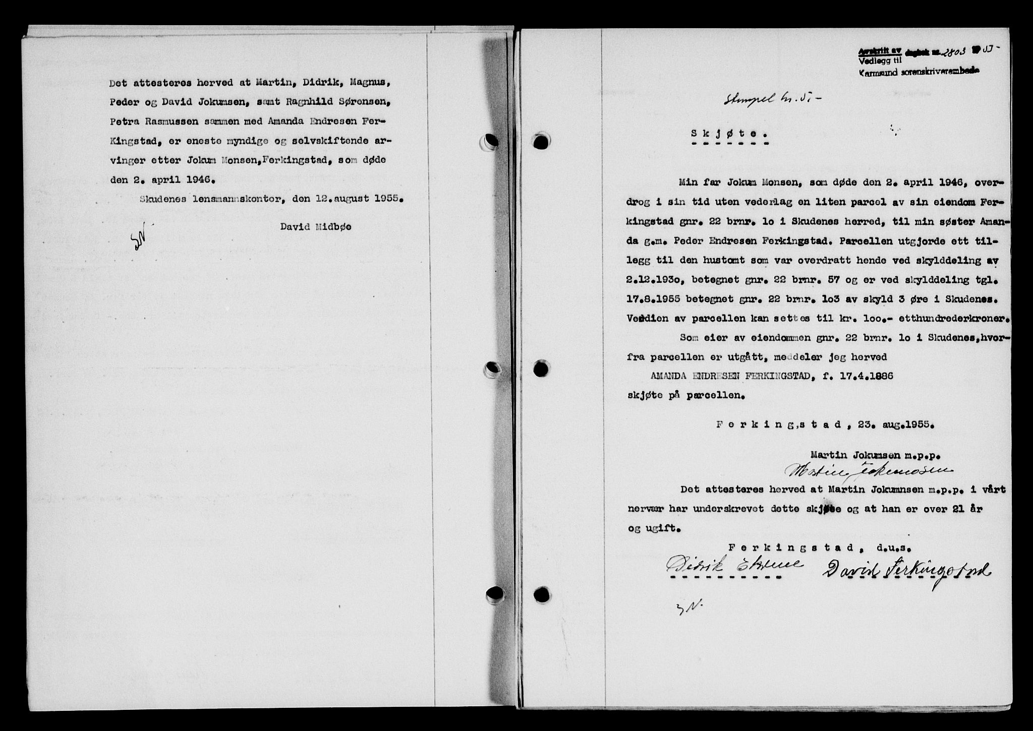 Karmsund sorenskriveri, SAST/A-100311/01/II/IIB/L0117: Mortgage book no. 97Aa, 1955-1955, Diary no: : 2803/1955