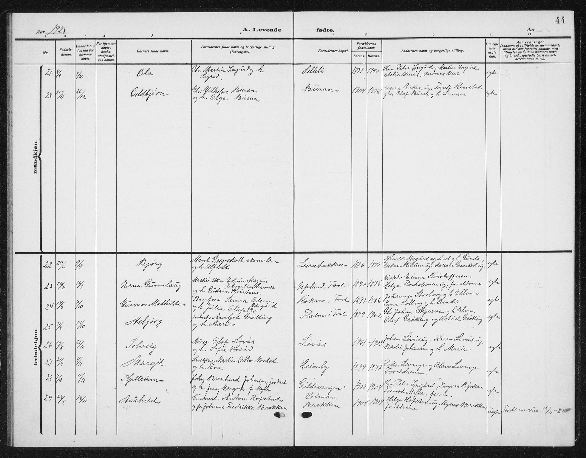 Ministerialprotokoller, klokkerbøker og fødselsregistre - Nord-Trøndelag, SAT/A-1458/721/L0209: Parish register (copy) no. 721C02, 1918-1940, p. 44