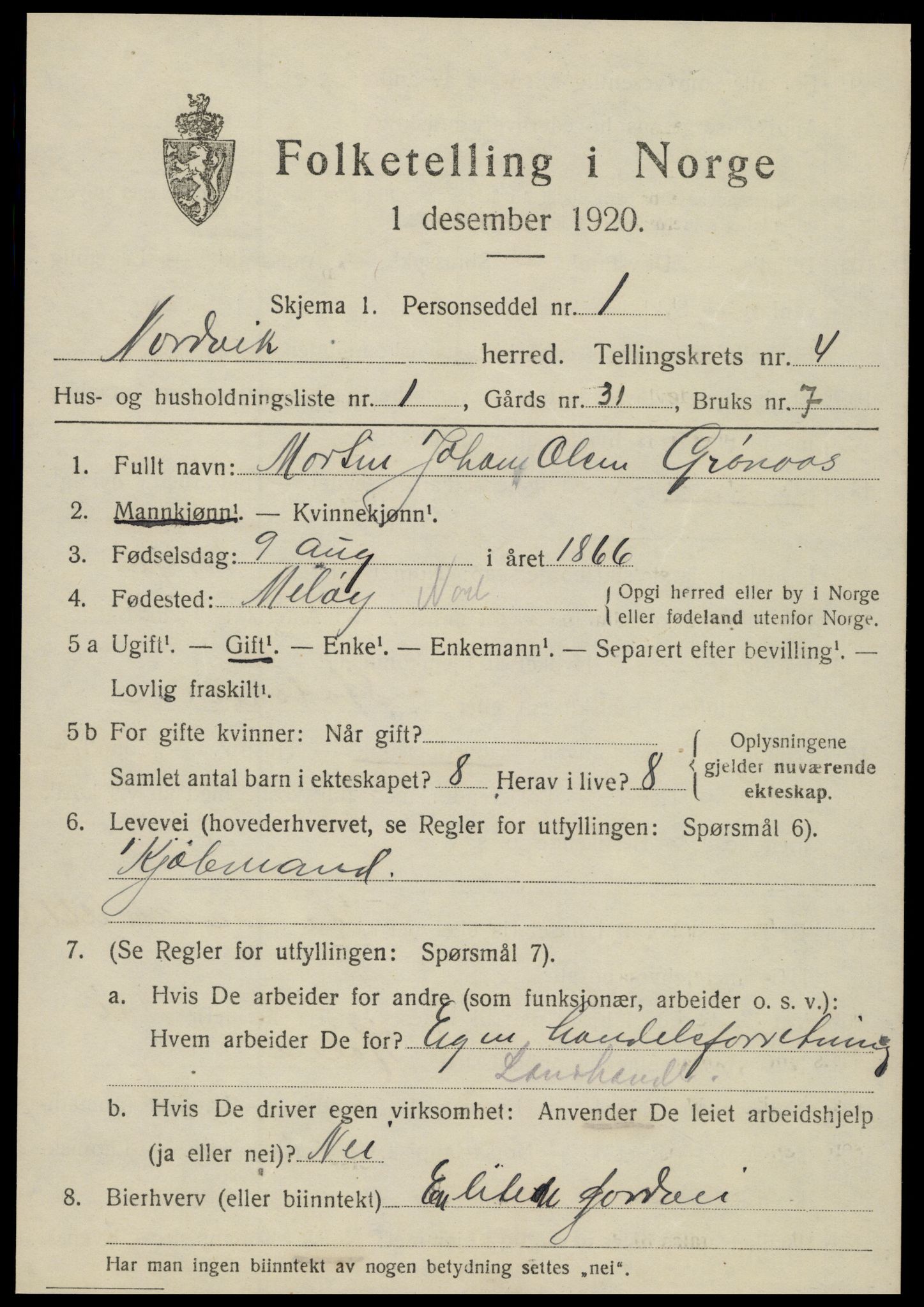 SAT, 1920 census for Nordvik, 1920, p. 1452