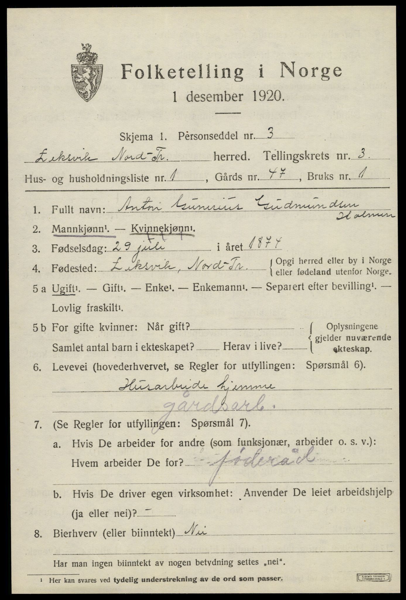 SAT, 1920 census for Leksvik, 1920, p. 2896