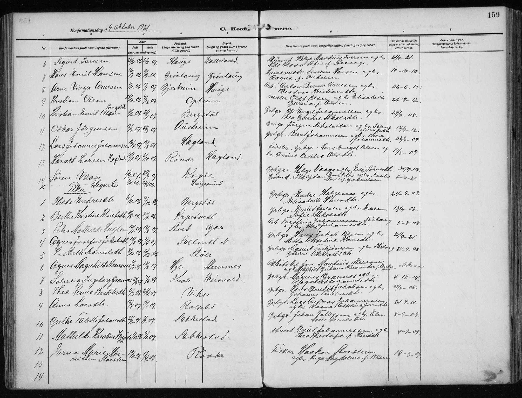 Haugesund sokneprestkontor, SAST/A -101863/H/Ha/Haa/L0010: Parish register (official) no. A 10, 1909-1935, p. 159