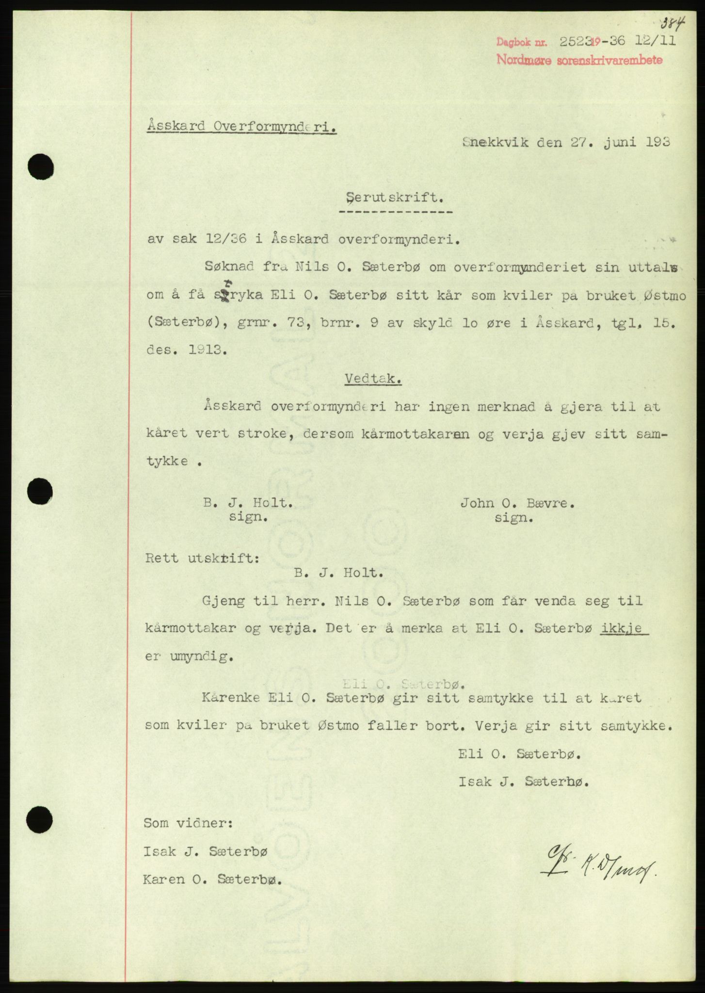 Nordmøre sorenskriveri, AV/SAT-A-4132/1/2/2Ca/L0090: Mortgage book no. B80, 1936-1937, Diary no: : 2523/1936