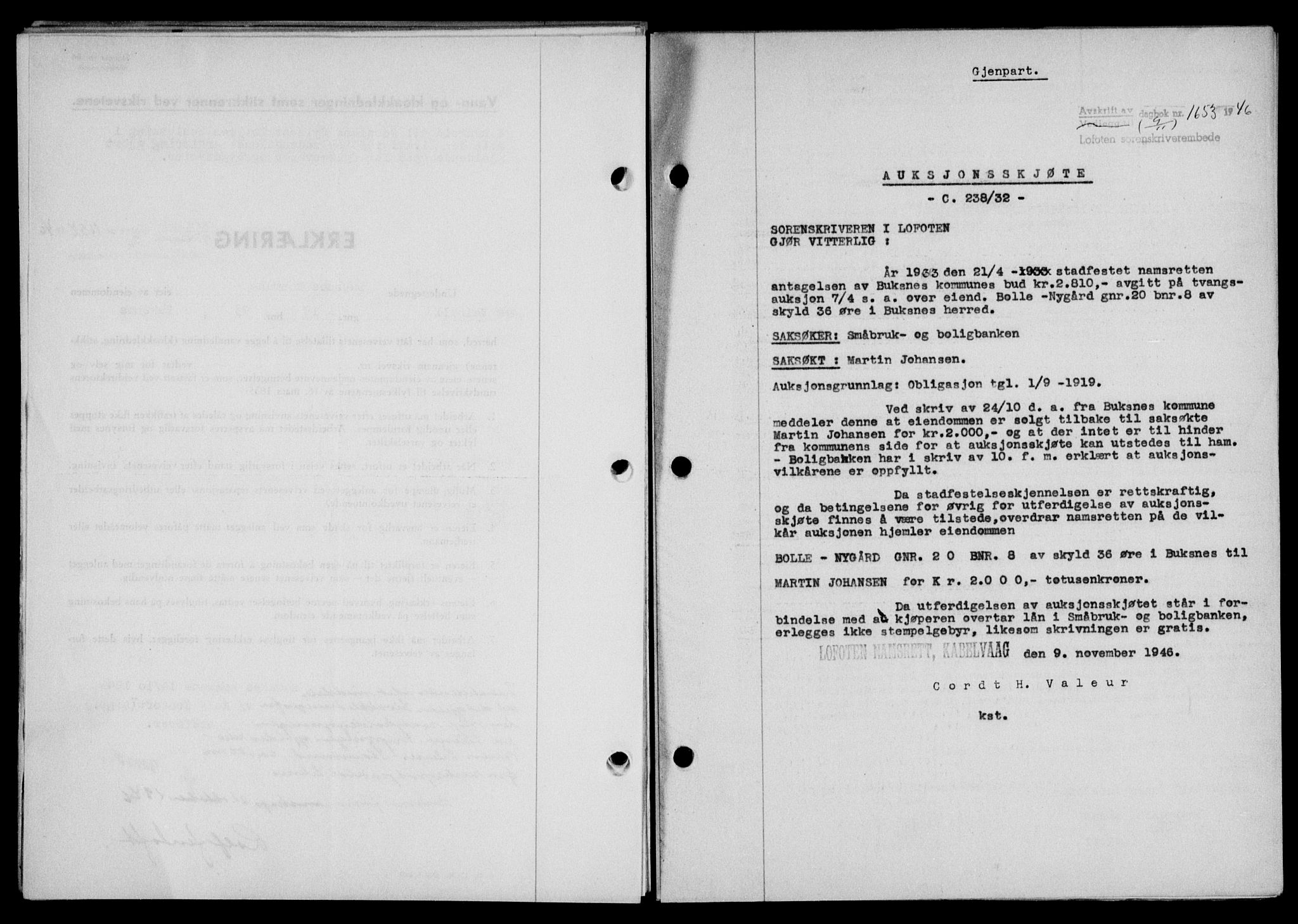 Lofoten sorenskriveri, SAT/A-0017/1/2/2C/L0015a: Mortgage book no. 15a, 1946-1947, Diary no: : 1653/1946