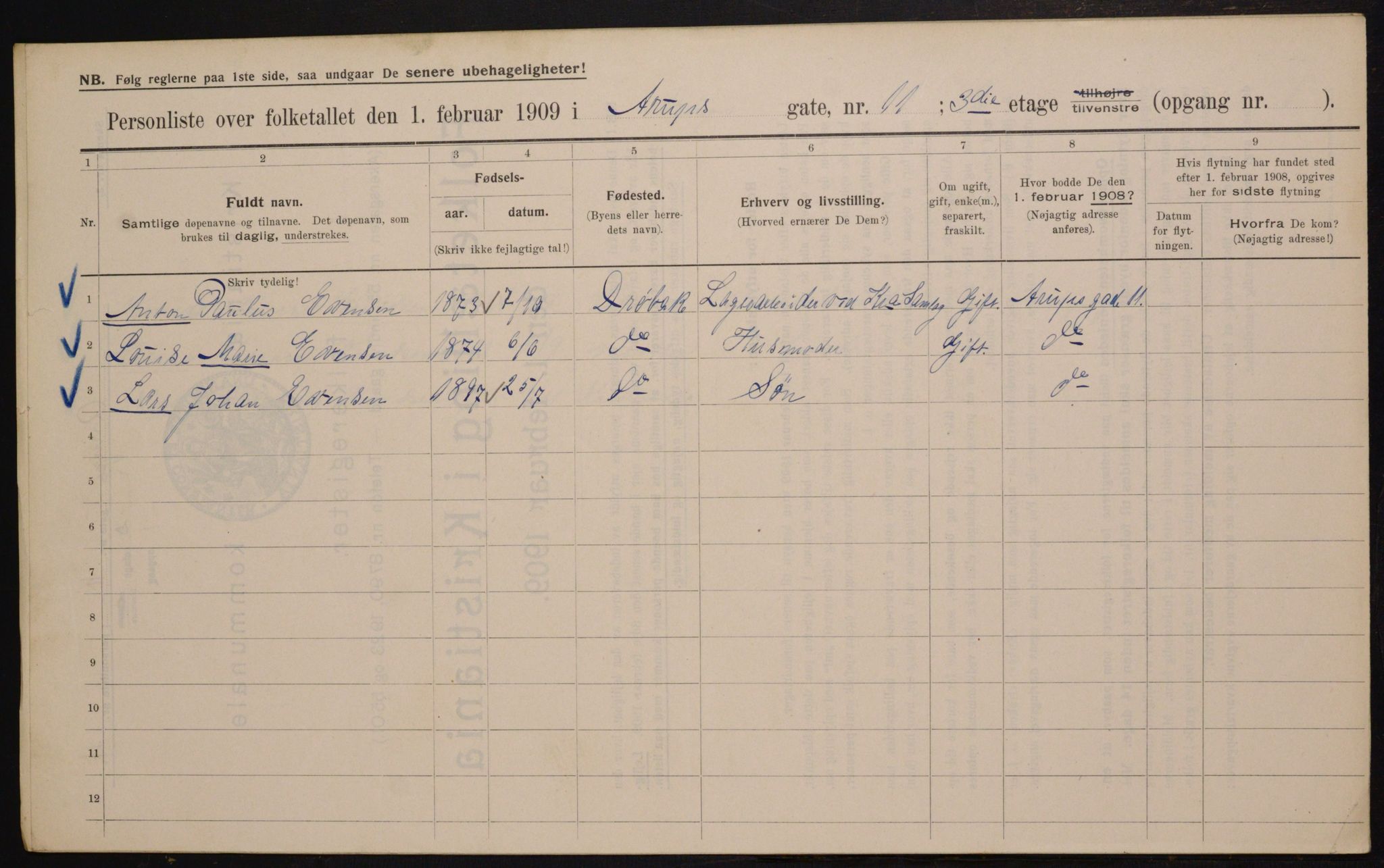 OBA, Municipal Census 1909 for Kristiania, 1909, p. 2127