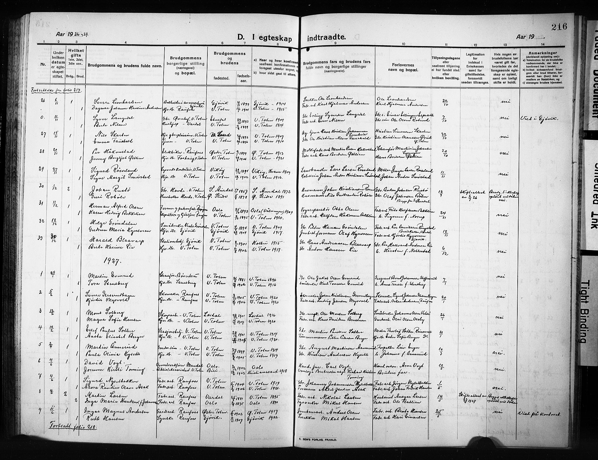 Vestre Toten prestekontor, AV/SAH-PREST-108/H/Ha/Hab/L0012: Parish register (copy) no. 12, 1909-1928, p. 216
