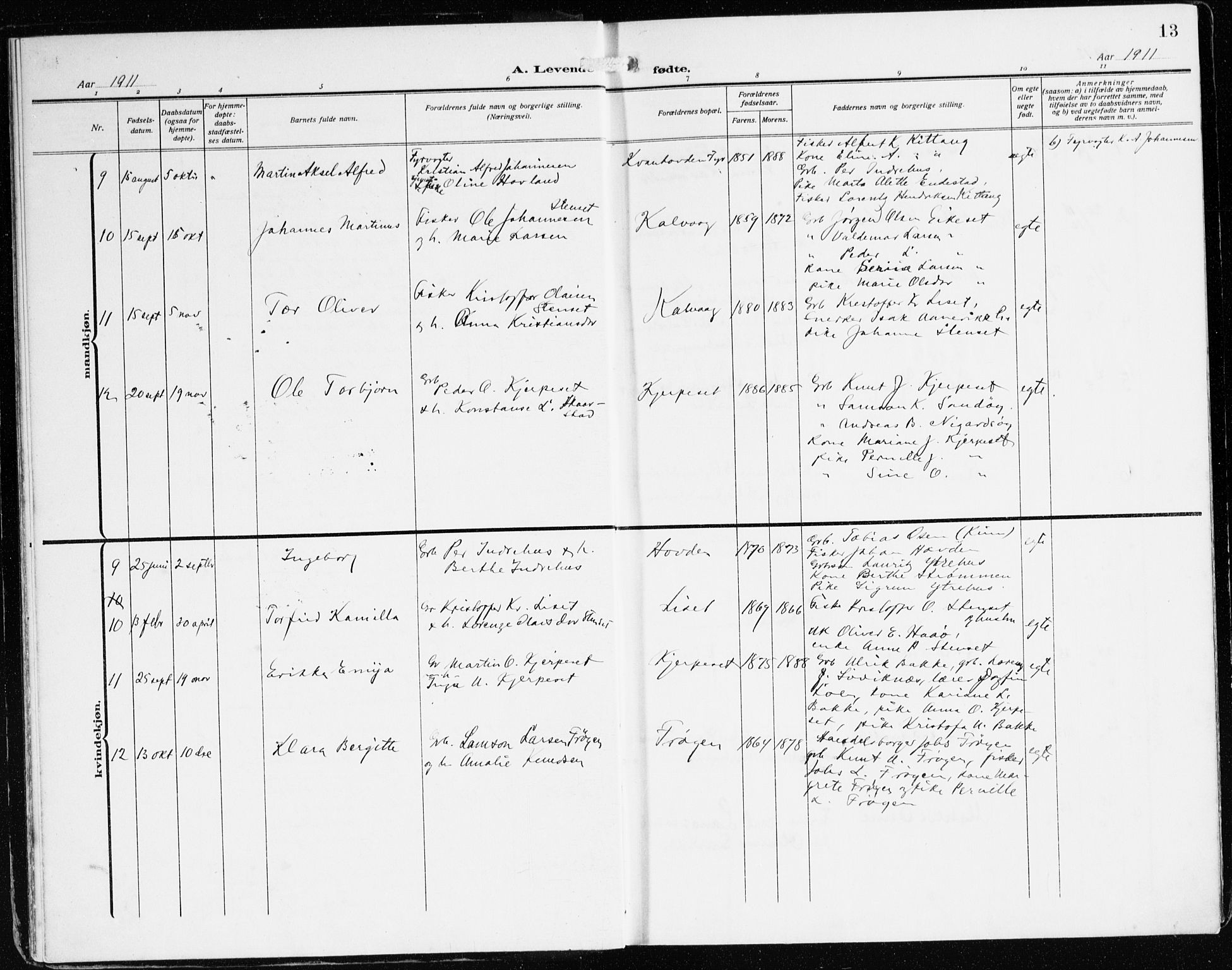 Bremanger sokneprestembete, AV/SAB-A-82201/H/Haa/Haab/L0003: Parish register (official) no. B 3, 1908-1925, p. 13