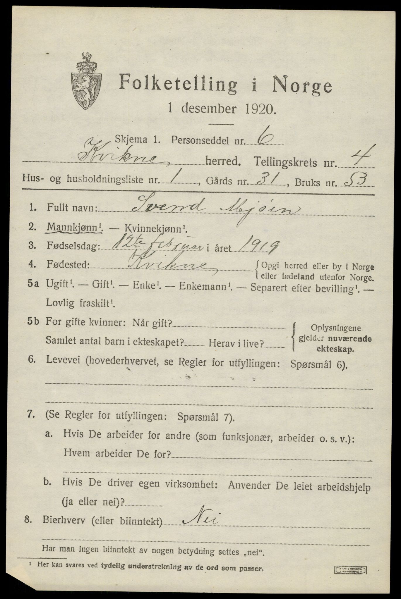 SAH, 1920 census for Kvikne, 1920, p. 1638