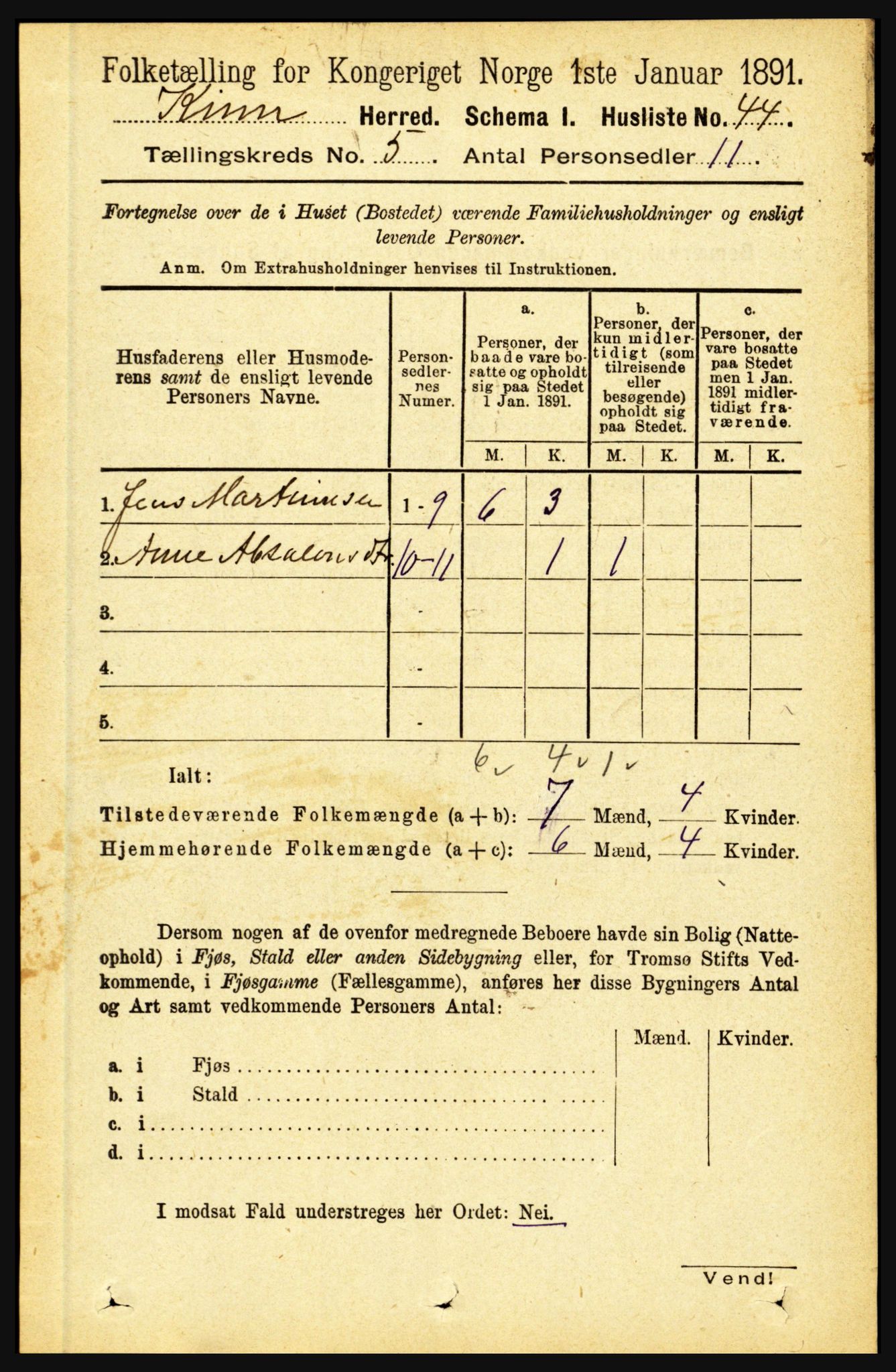 RA, 1891 census for 1437 Kinn, 1891, p. 1783